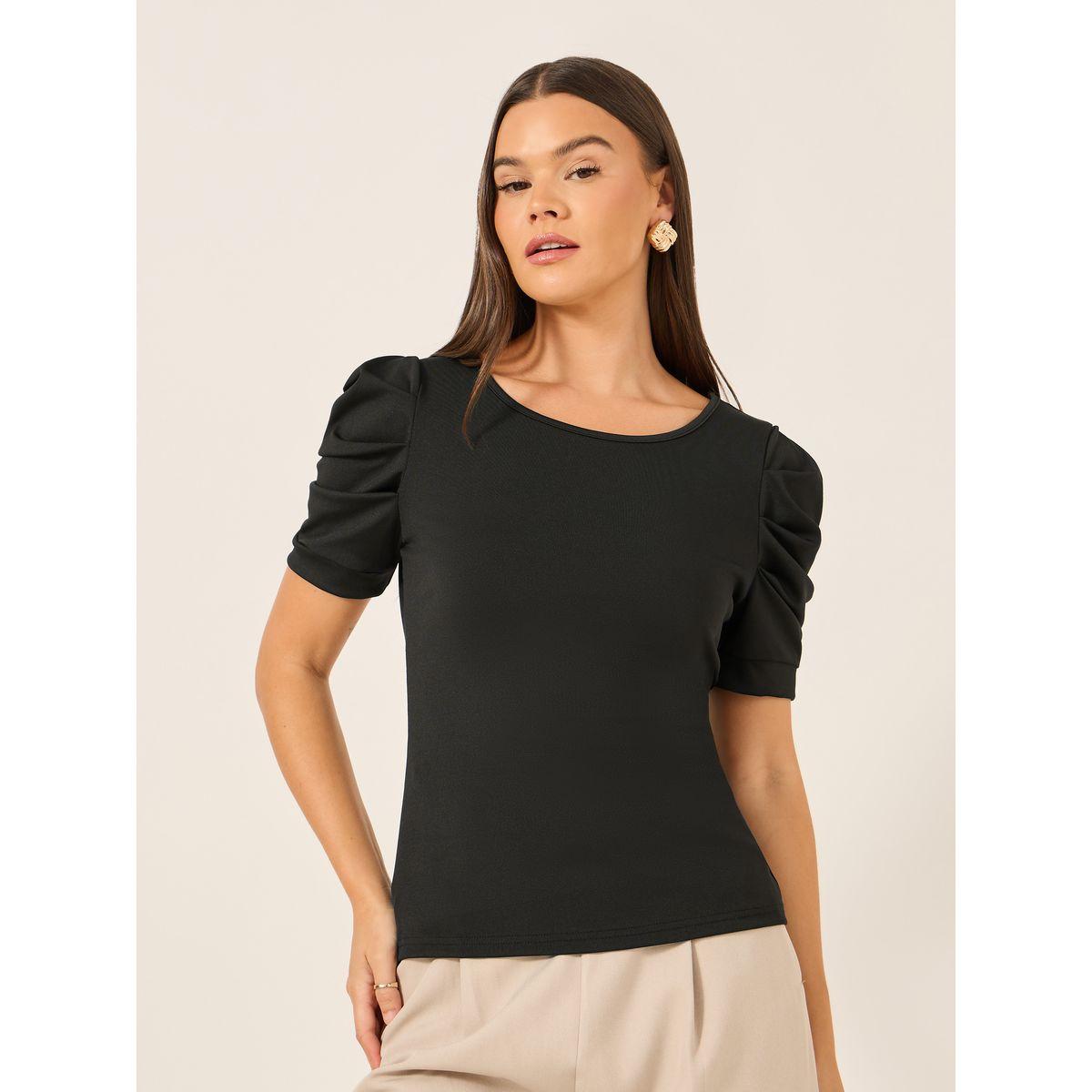 Styli Solid Puff Sleeves Slim Fit T-Shirt with Back Bow Detail-women-clothing-tshirts-image-5