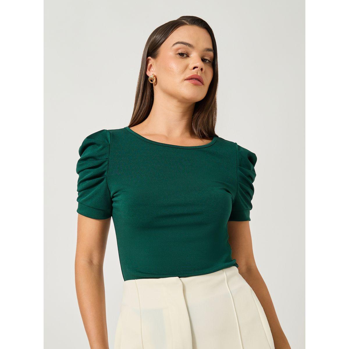 قميص سادة بقصة سليم فت وأكمام منفوخة-women-clothing-tshirts-image-3
