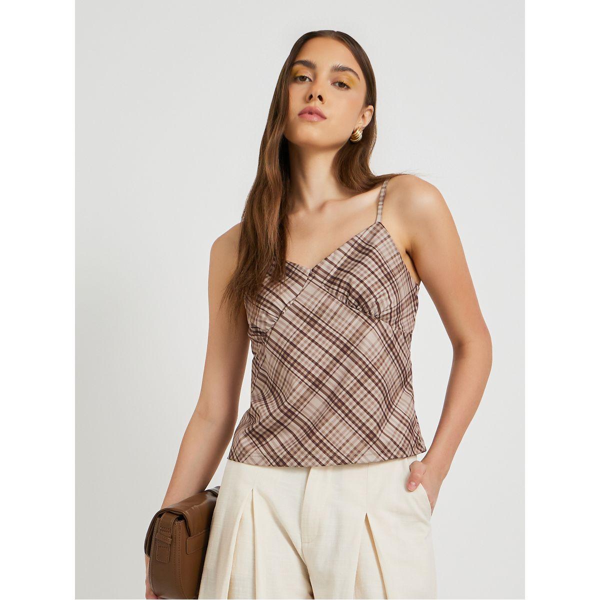 تيشيرت كامي بطبعة مربعات مع حمالات-women-clothing-tshirts-image-1