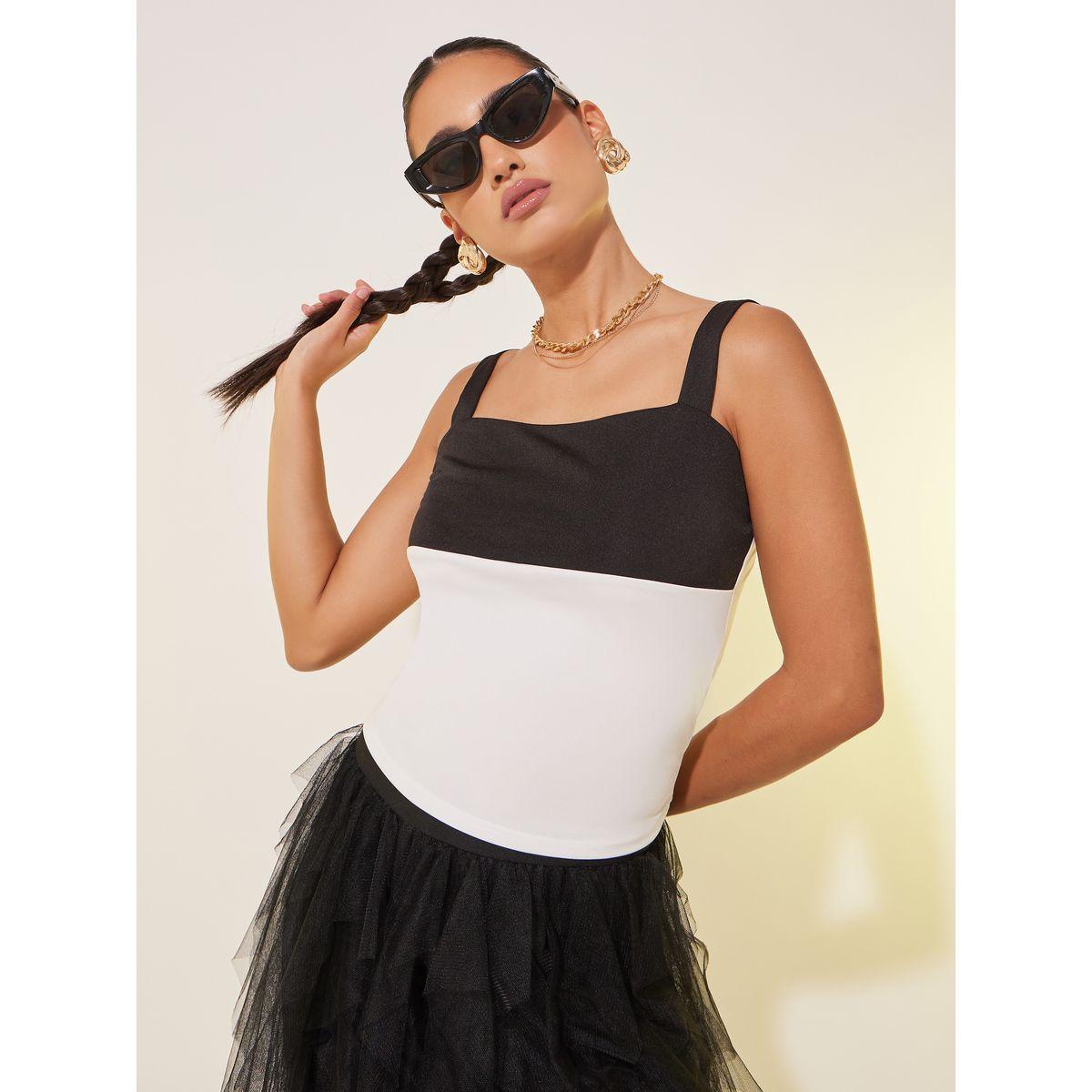 Styli Color Block Square Neck Regular Fit Cami T-Shirt-women-clothing-tshirts-image-1