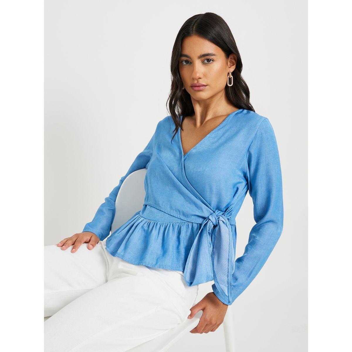 بلوزة سادة بنمط لف وأكمام طويلة مع كشكش-women-clothing-shirtsandblouses-blouses-image-1