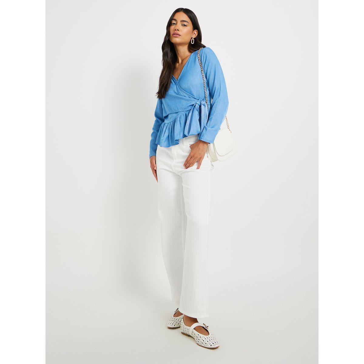بلوزة سادة بنمط لف وأكمام طويلة مع كشكش-women-clothing-shirtsandblouses-blouses-image-2