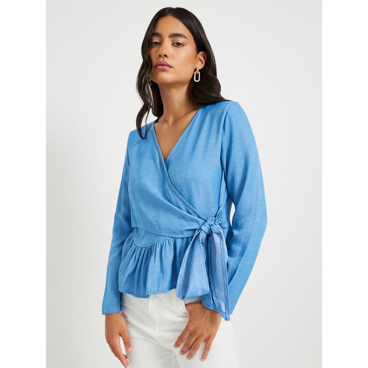 بلوزة سادة بنمط لف وأكمام طويلة مع كشكش-women-clothing-shirtsandblouses-blouses-image-3