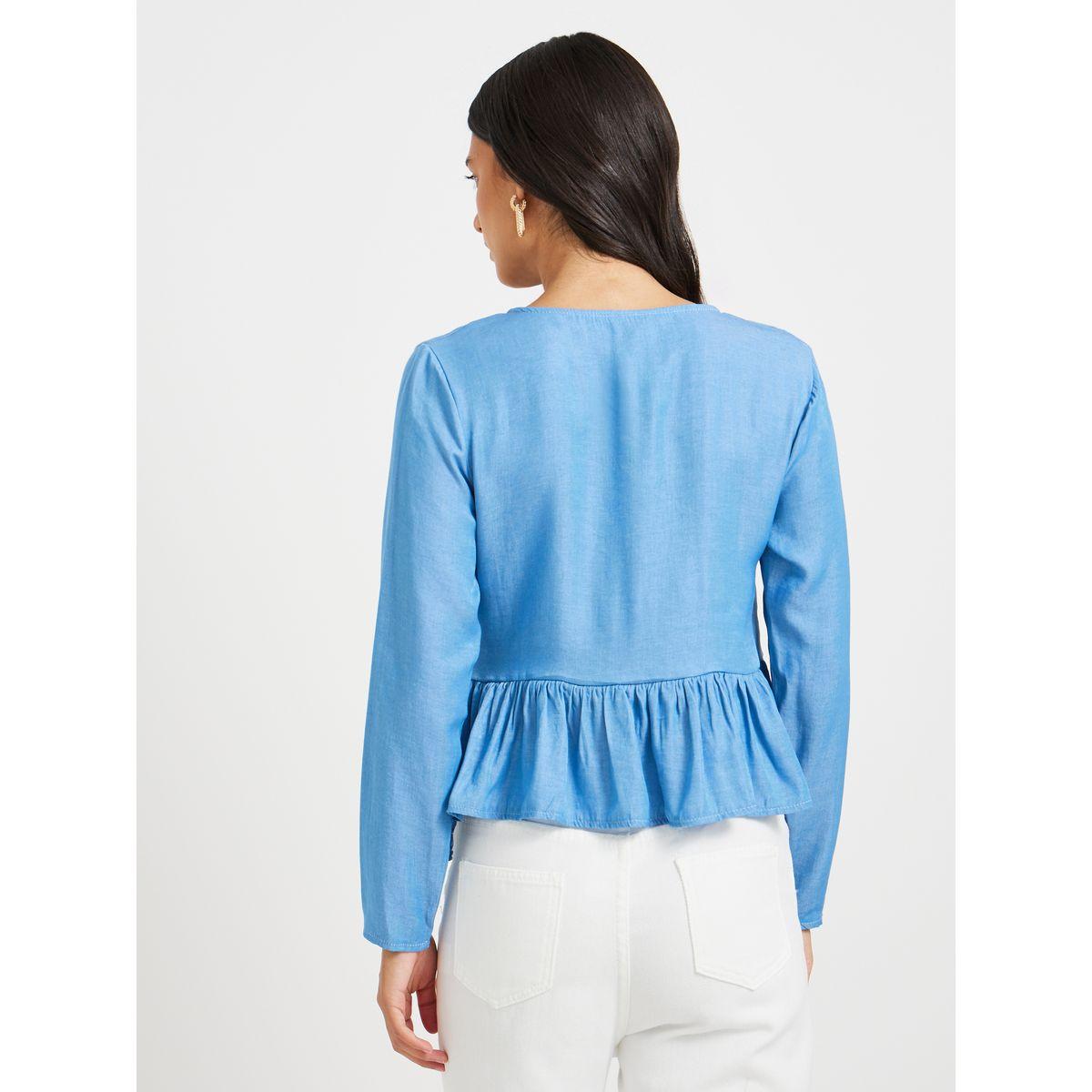 بلوزة سادة بنمط لف وأكمام طويلة مع كشكش-women-clothing-shirtsandblouses-blouses-image-5