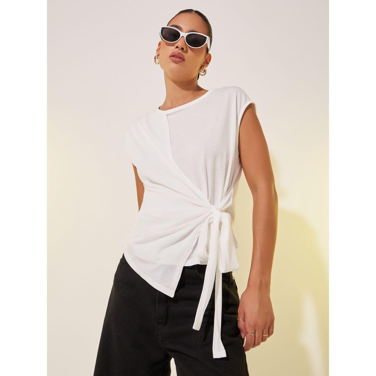 بلوزة سادة بأكمام كاب ونمط لف مع أربطة-women-clothing-shirtsandblouses-blouses-image-4