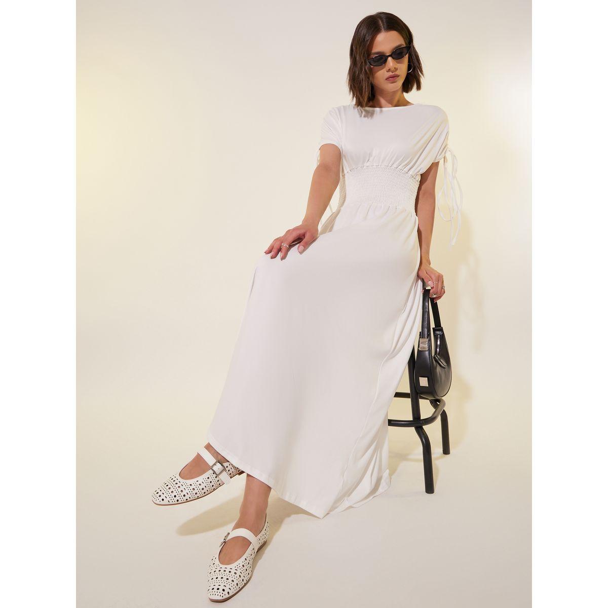 Styli Solid Ruched Sleeves A-Line Maxi Dress with Smocked Waist-women-clothing-dresses-image-1