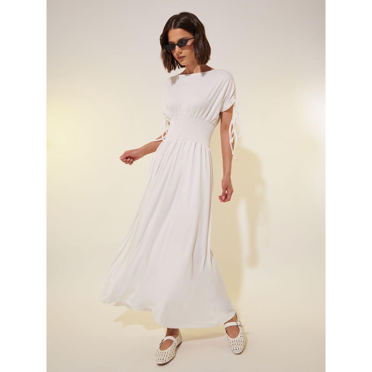 فستان طويل سادة بحافة واسعة وأكمام مزمومة-women-clothing-dresses-image-2