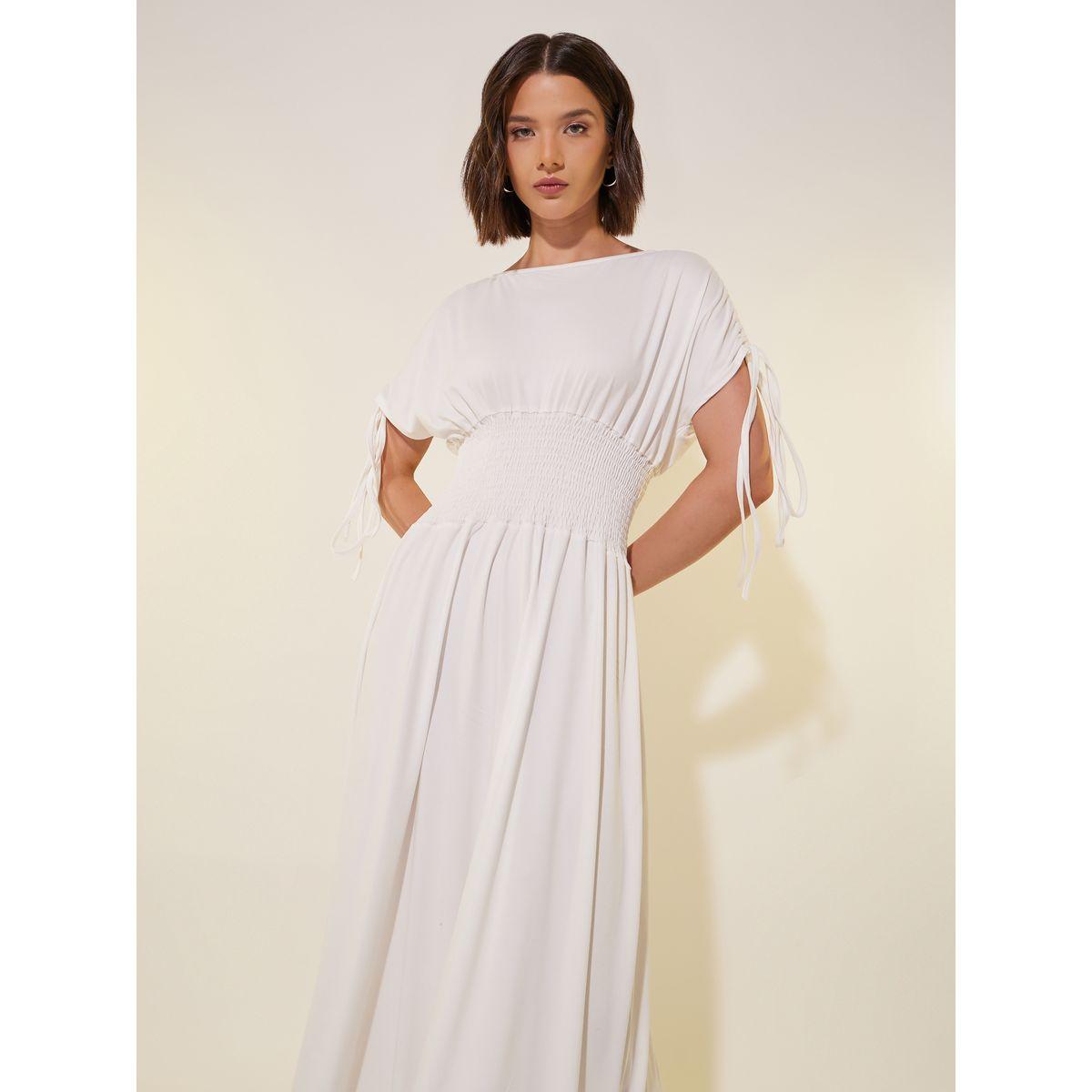 Styli Solid Ruched Sleeves A-Line Maxi Dress with Smocked Waist-women-clothing-dresses-image-3