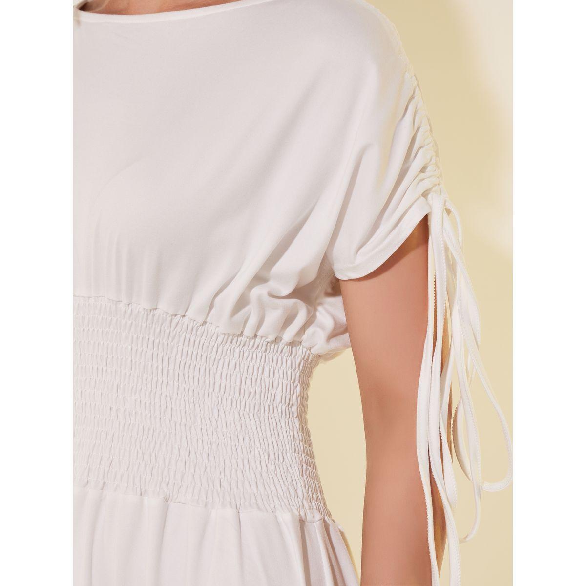 Styli Solid Ruched Sleeves A-Line Maxi Dress with Smocked Waist-women-clothing-dresses-image-4