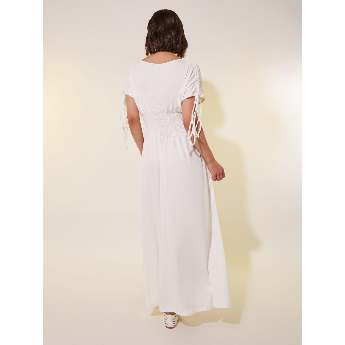 Styli Solid Ruched Sleeves A-Line Maxi Dress with Smocked Waist-women-clothing-dresses-image-5
