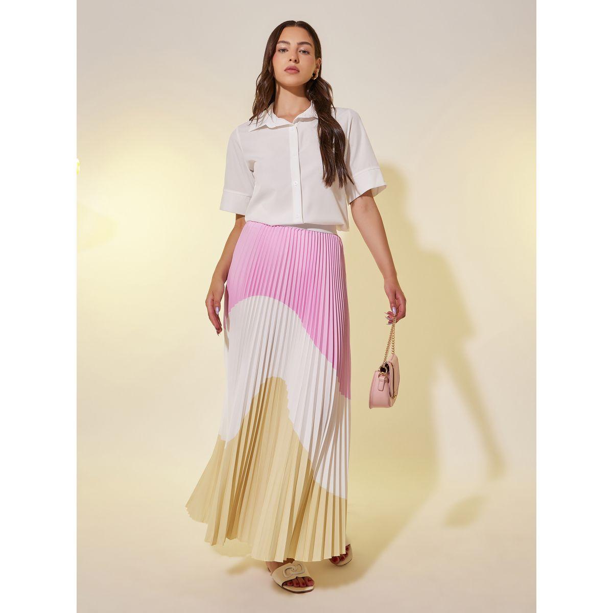 Styli Color Block Pleated A-Line Midi Skirt-women-clothing-bottoms-skirts-image-1