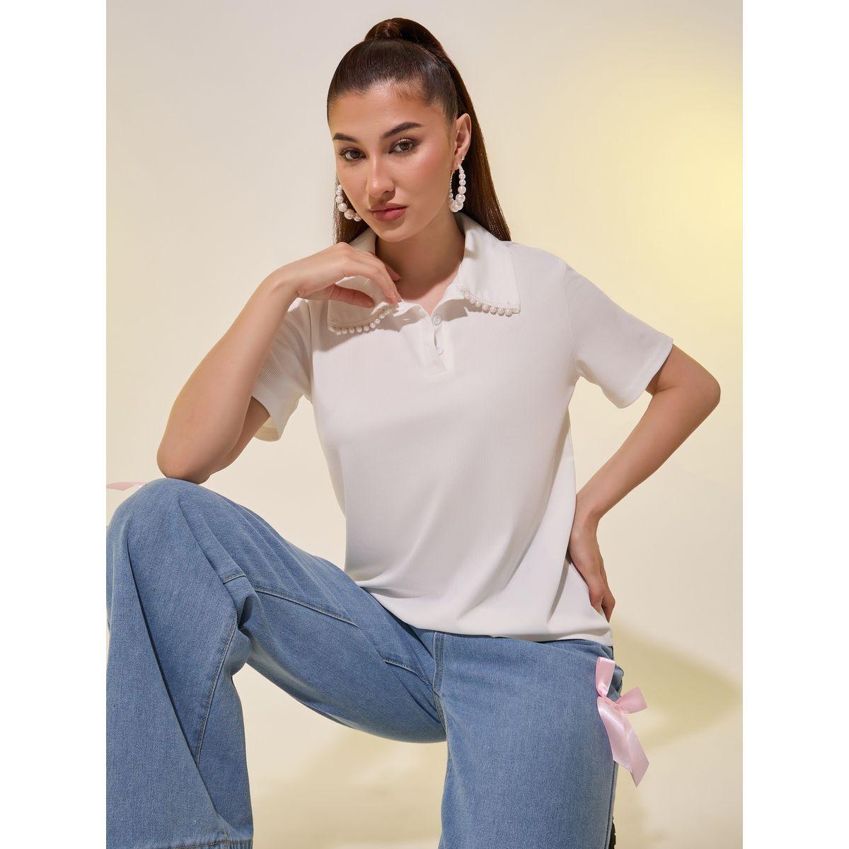 Styli Pearls Embellishment Detail Polo T-Shirt-women-clothing-tshirts-image-1