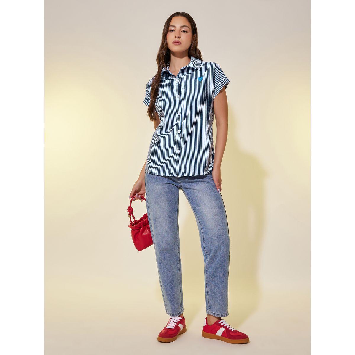 Styli Striped Short Sleeve Regular Fit Shirt with Heart Embroidery Detail-women-clothing-shirtsandblouses-shirts-image-2