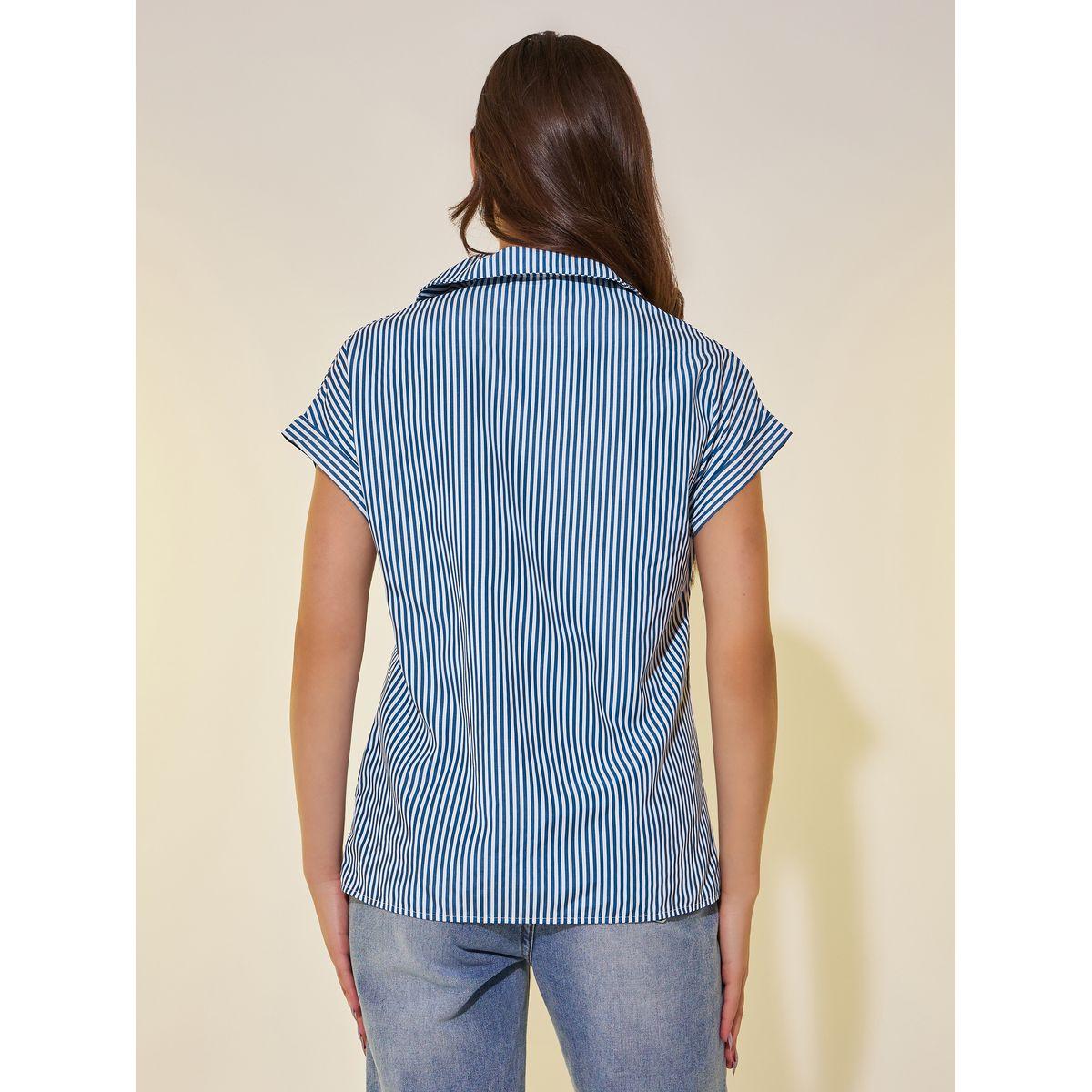 بلوزة مخططة بأكمام قصيرة وقصة عادية-women-clothing-shirtsandblouses-shirts-image-4