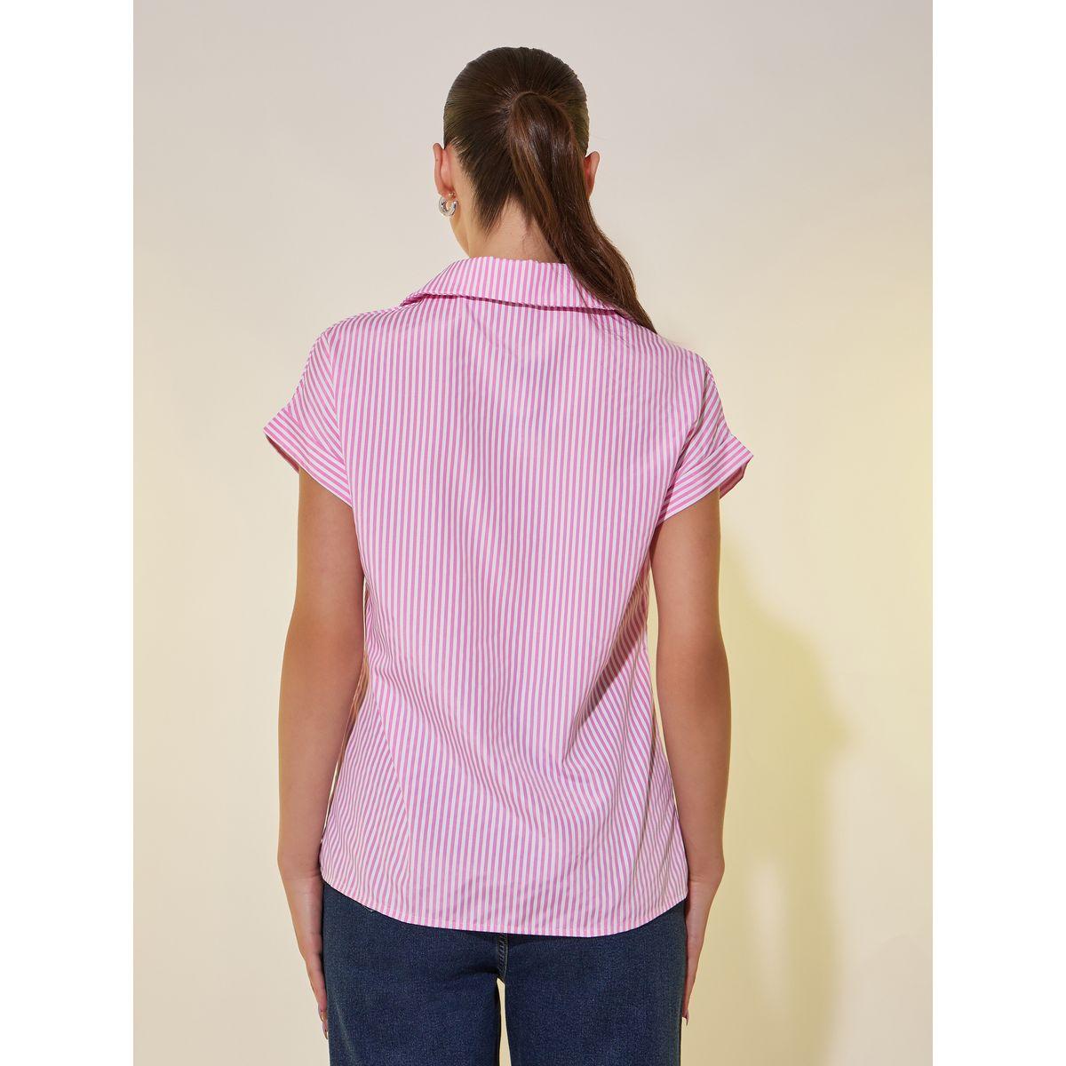 بلوزة مخططة بأكمام قصيرة وقصة عادية-women-clothing-shirtsandblouses-shirts-image-4