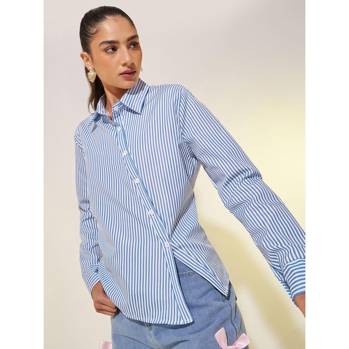 بلوزة مخططة بقصة عادية وأزرار-women-clothing-shirtsandblouses-shirts-image-1