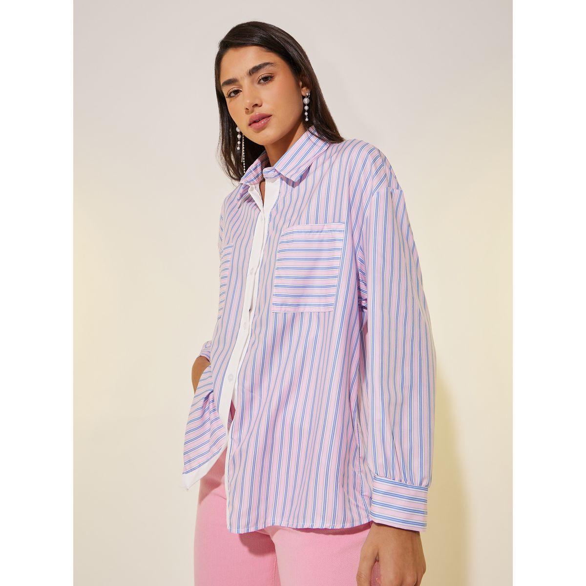 Styli Striped Contrast Placket Oversized Shirt-women-clothing-shirtsandblouses-shirts-image-1