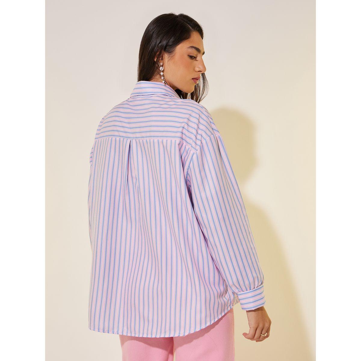 Styli Striped Contrast Placket Oversized Shirt-women-clothing-shirtsandblouses-shirts-image-4