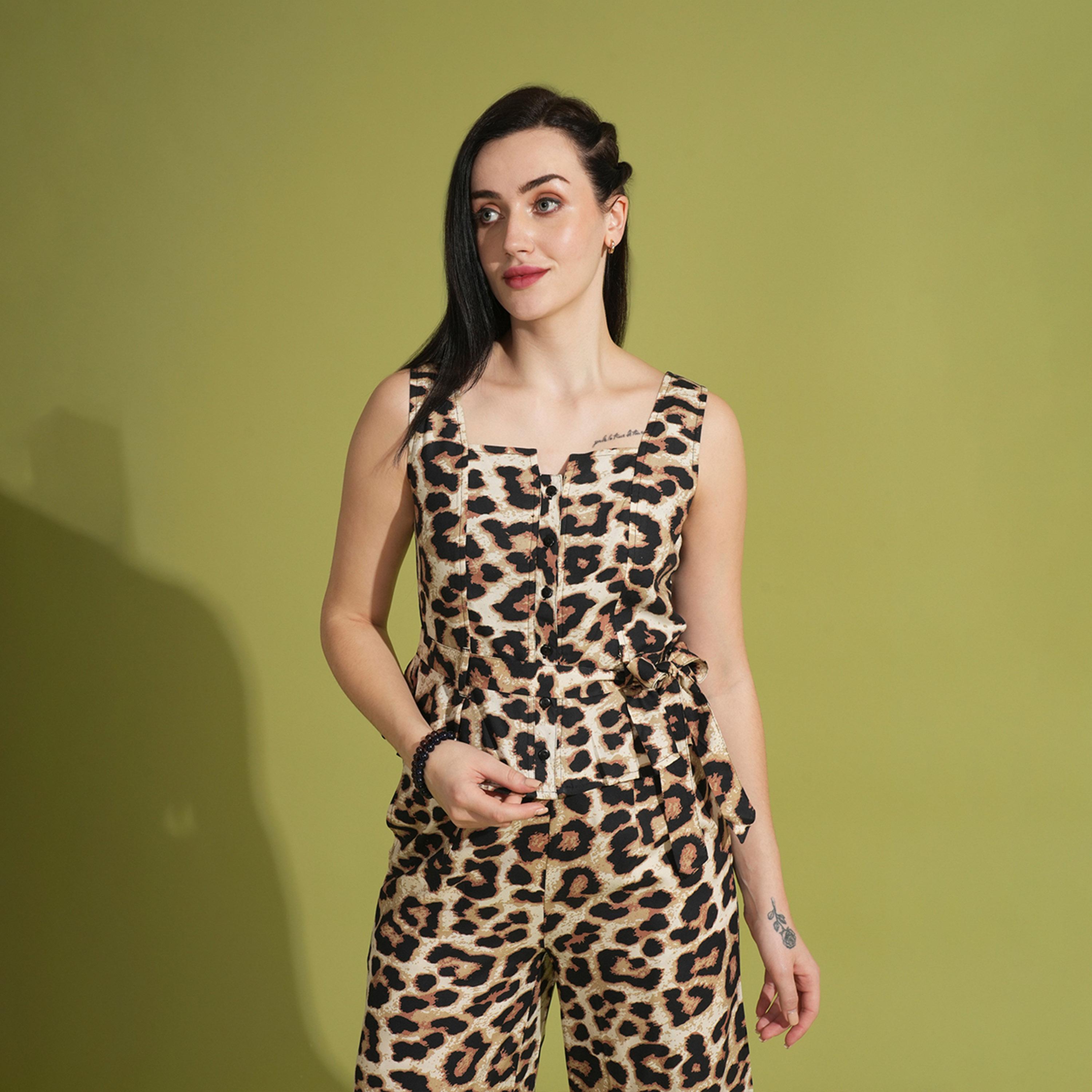 Globus X Styli Women Brown Animal Print Front Opening Waist Tie-Up Peplum Top & Partially Elasticated Ankle Length Trousers Co-ord Set-women-clothing-coordsets-image-6
