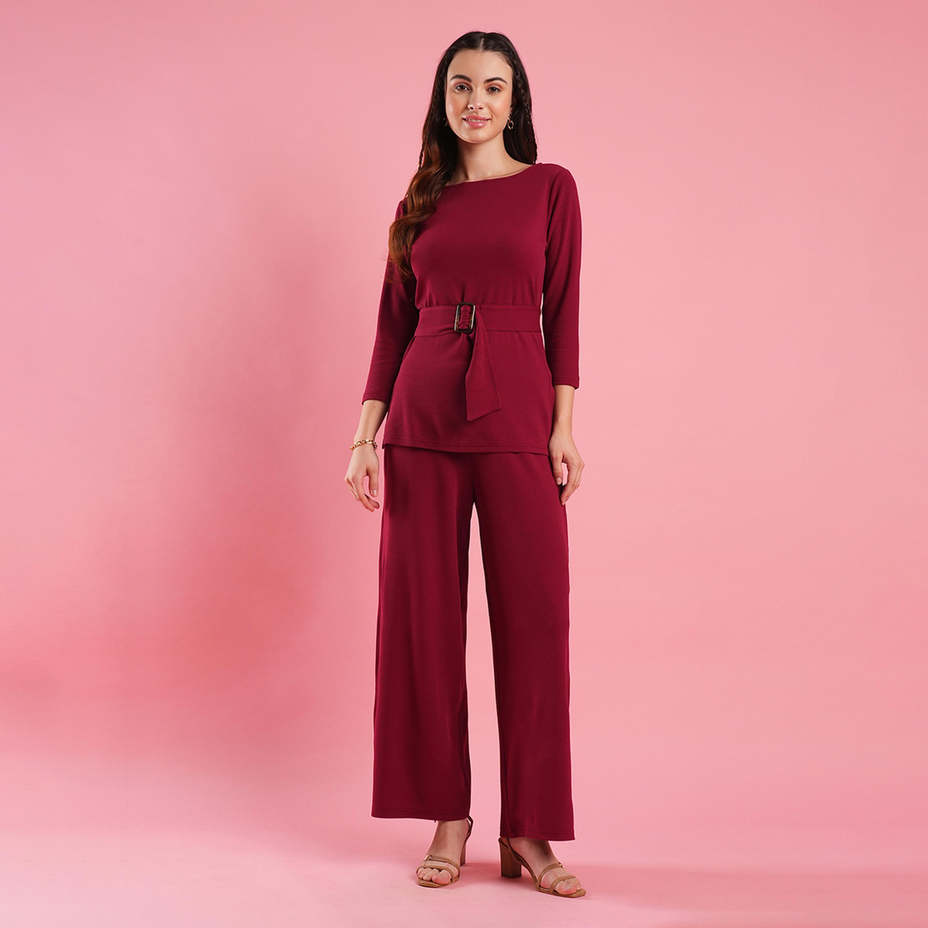 Globus X Styli Solid Boat Neck Belted Top and Wide Leg Pants Co-Ords-women-clothing-coordsets-image-1
