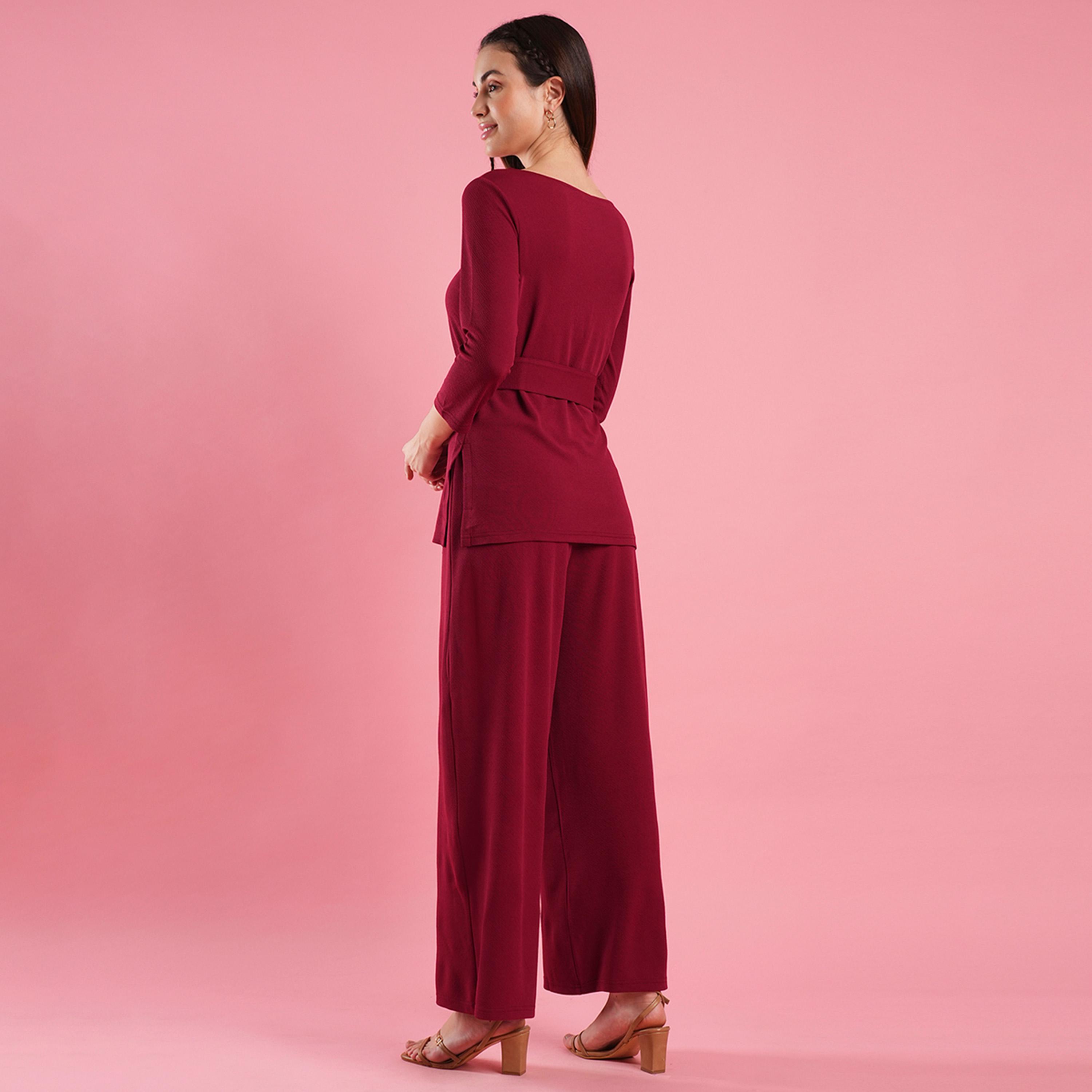 Globus X Styli Solid Boat Neck Belted Top and Wide Leg Pants Co-Ords-women-clothing-coordsets-image-3