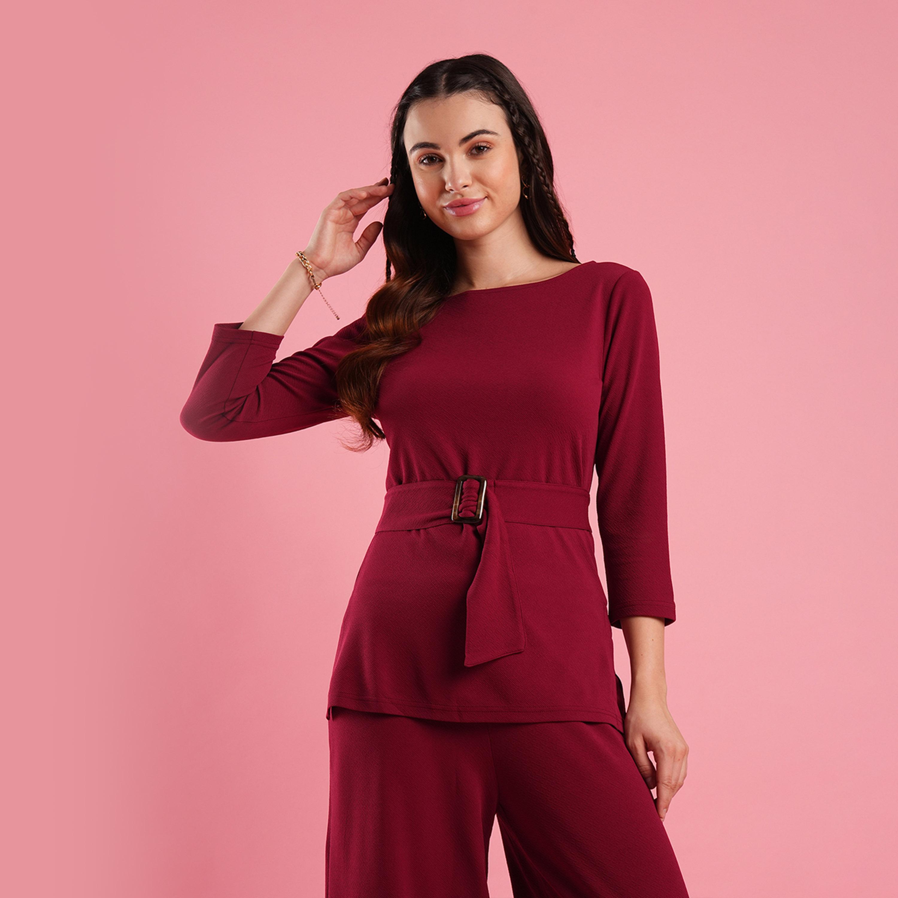 غلوبوس × ستايلي-  طقم بلوزة سادة برقبة قارب وحزام وبنطال واسع الساق-women-clothing-coordsets-image-6