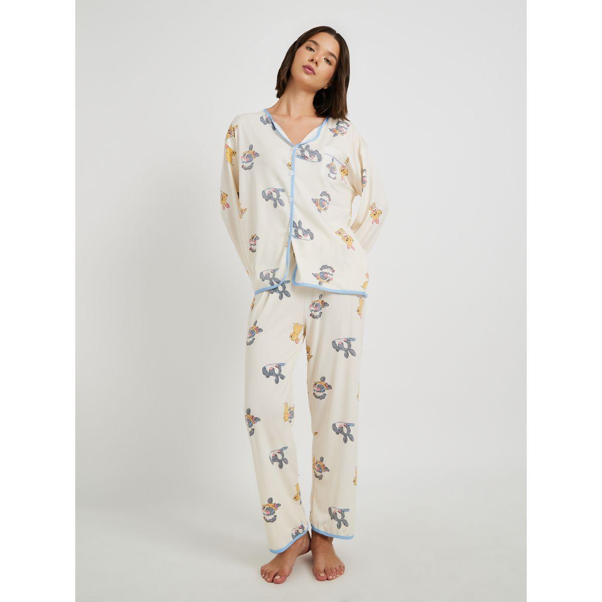 Styli Rabbit Print Long Sleeve Shirt and Pyjama Set-women-clothing-nightwear-pyjamas-longsets-image-1