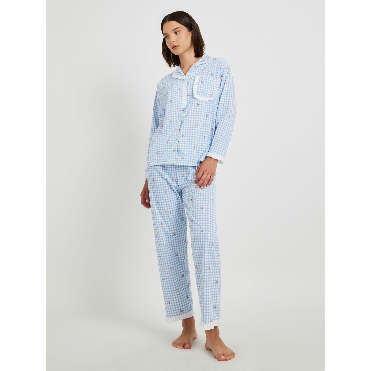 Styli Checked Lace Trim Shirt and Pyjama Set-women-clothing-nightwear-pyjamas-longsets-image-1