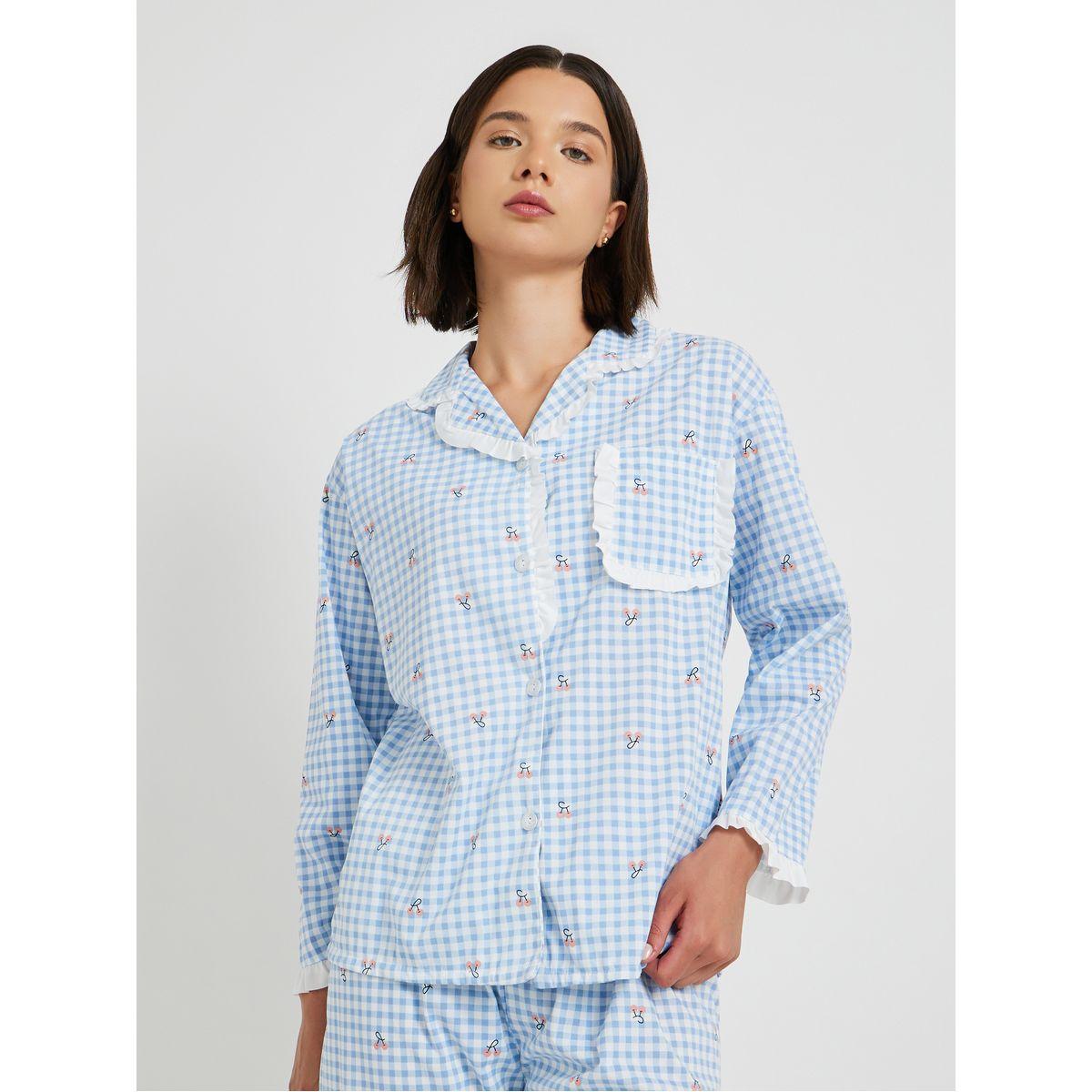 Styli Checked Lace Trim Shirt and Pyjama Set-women-clothing-nightwear-pyjamas-longsets-image-2