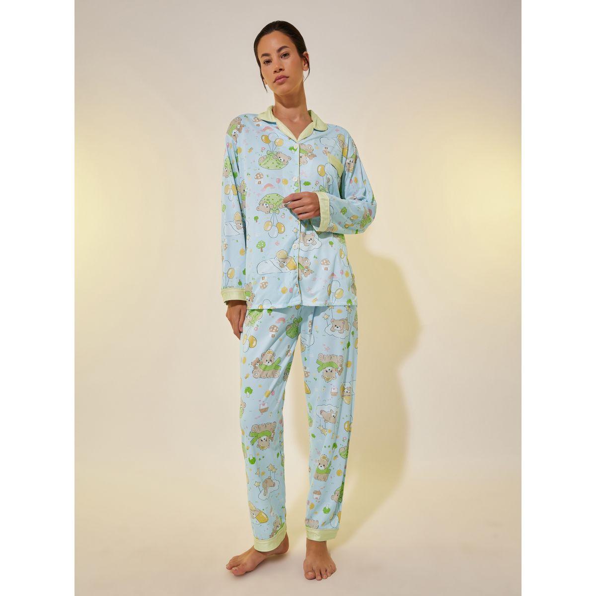 Styli Graphic Print Buttoned Shirt and Pyjama Set-women-clothing-nightwear-pyjamas-longsets-image-1