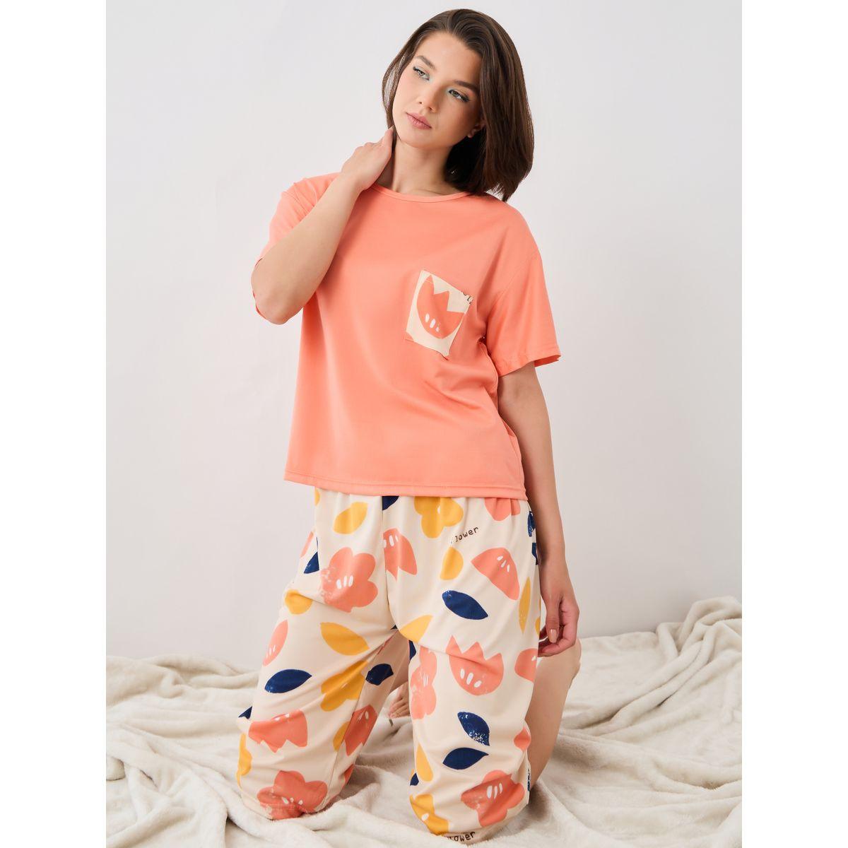 Styli Floral Printed Short Sleeve T-Shirt and Shorts Sets-women-clothing-nightwear-pyjamas-shortsets-image-1