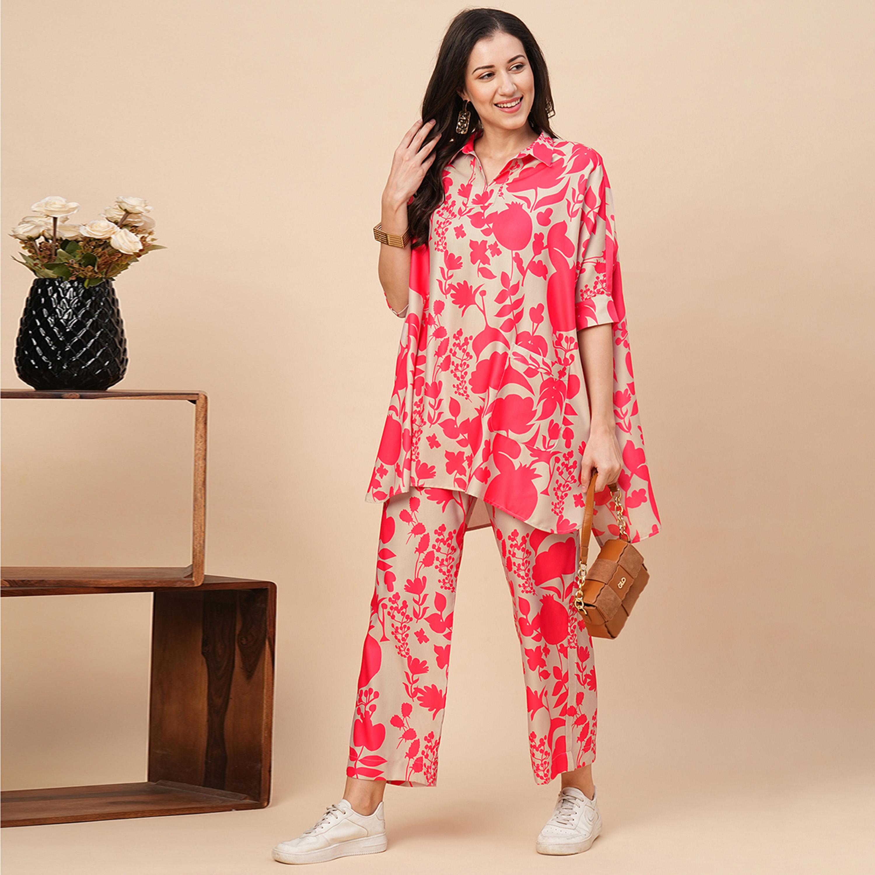 Globus X Styli Globus Women Beige & Pink Allover Floral Print Shirt Style Kaftan Top & Trousers Co-Ord Set-women-clothing-coordsets-image-1