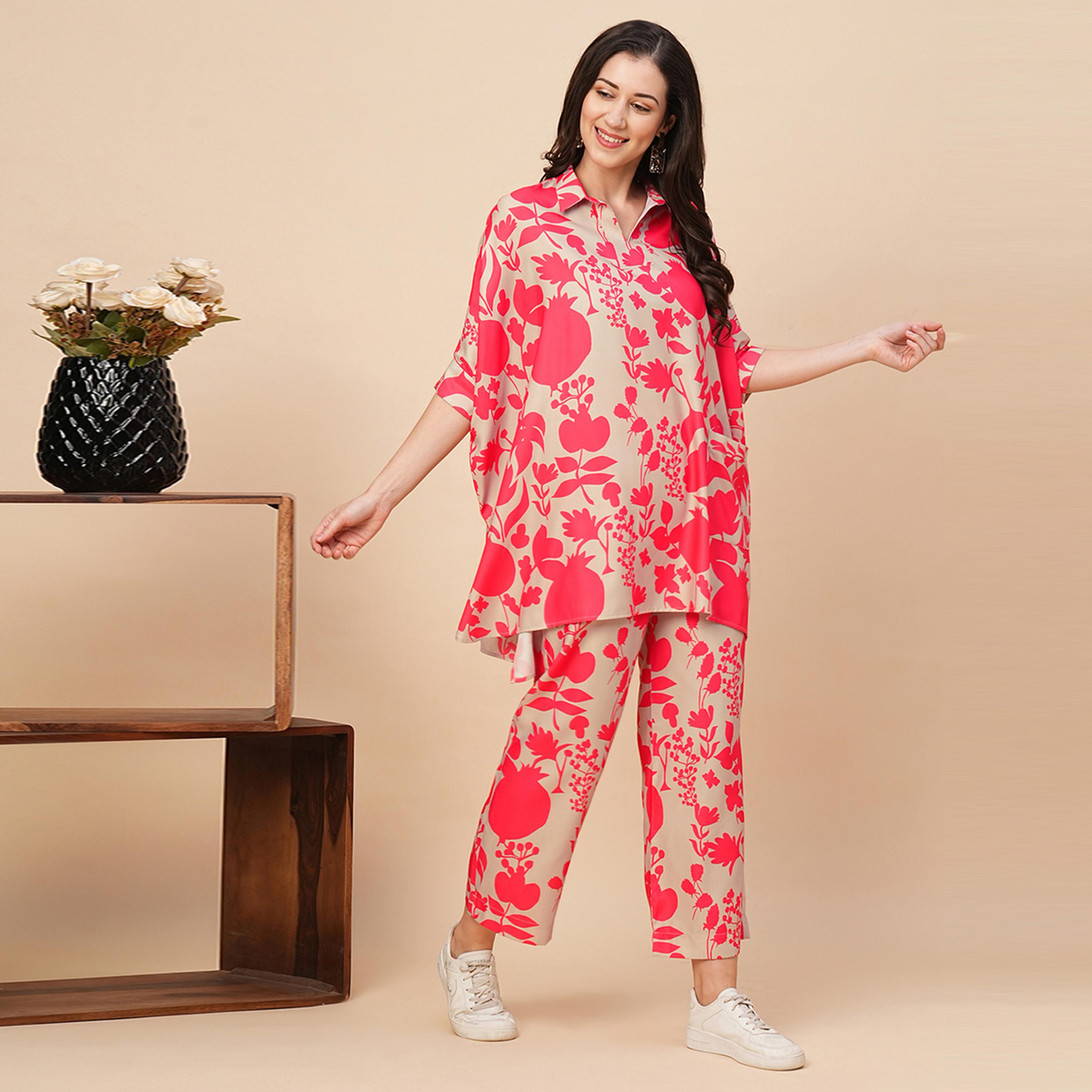 Globus X Styli Globus Women Beige & Pink Allover Floral Print Shirt Style Kaftan Top & Trousers Co-Ord Set-women-clothing-coordsets-image-2