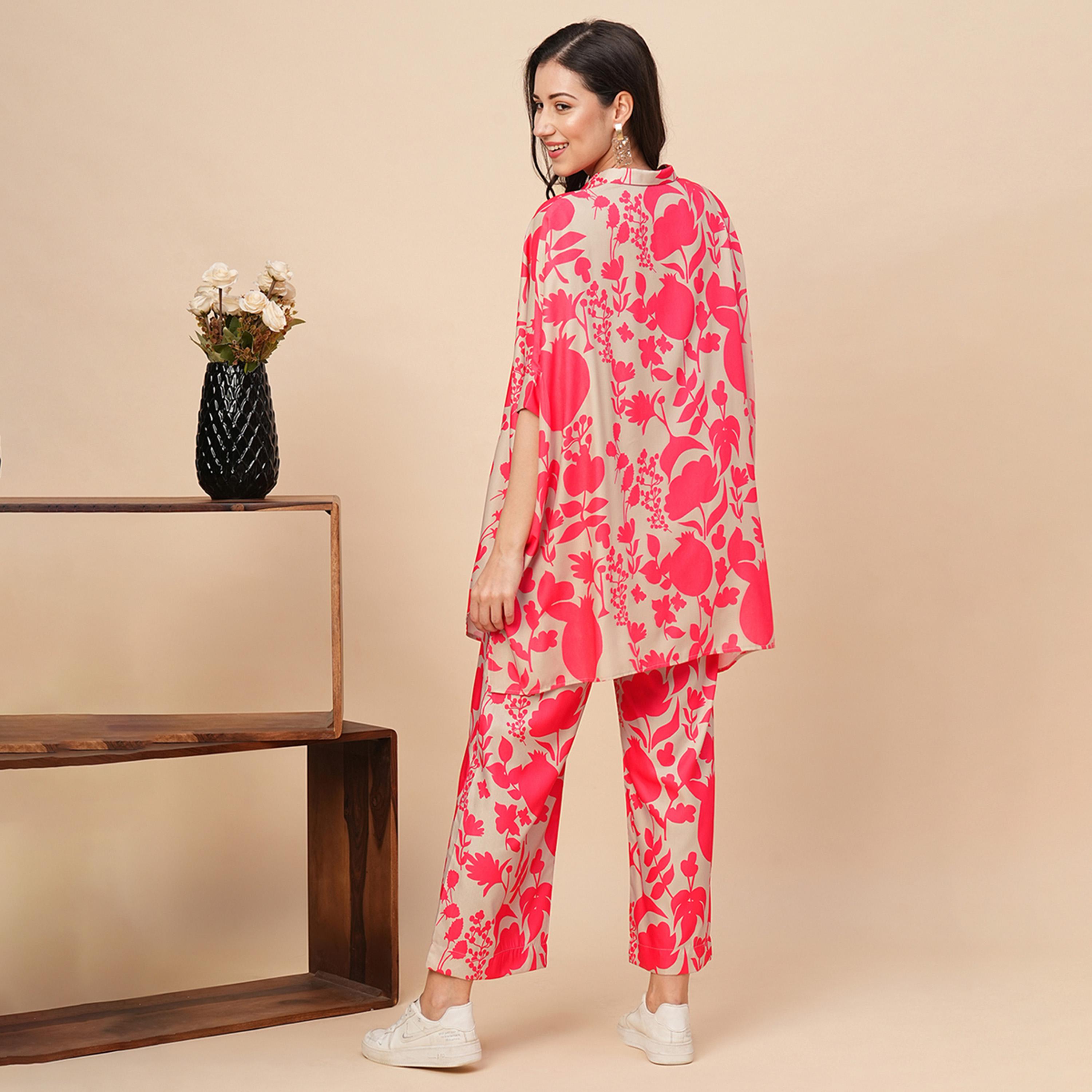 Globus X Styli Globus Women Beige & Pink Allover Floral Print Shirt Style Kaftan Top & Trousers Co-Ord Set-women-clothing-coordsets-image-3