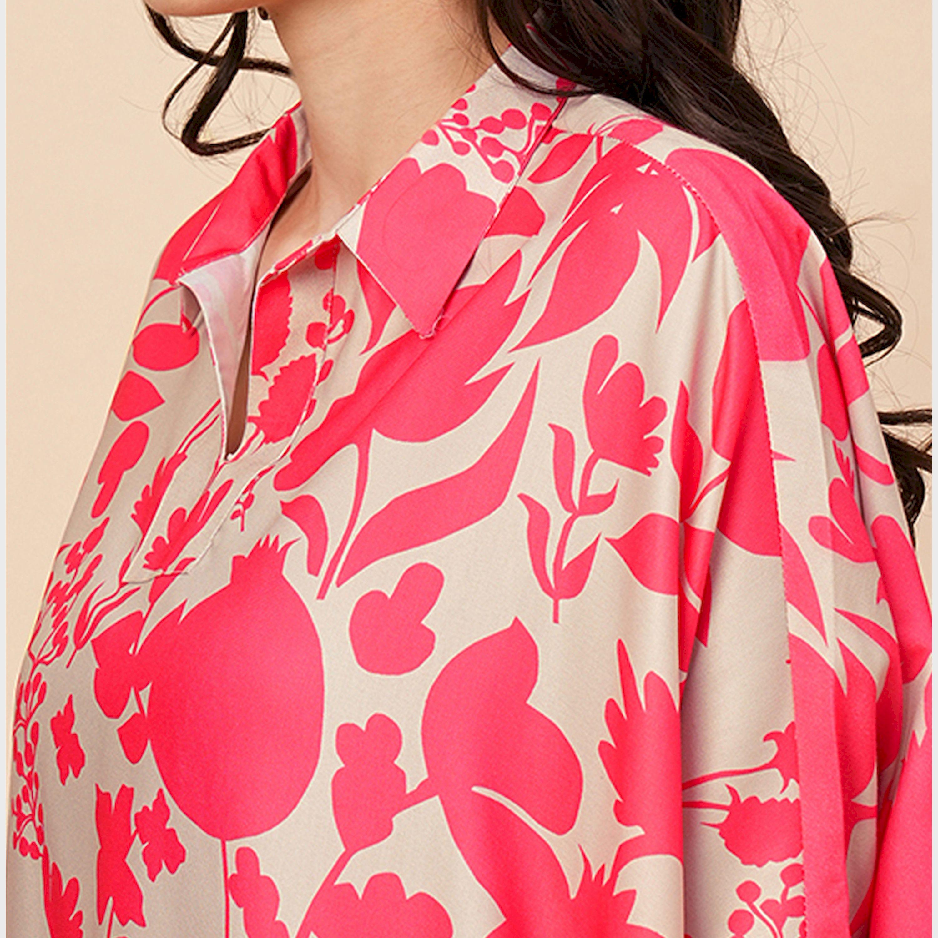 Globus X Styli Globus Women Beige & Pink Allover Floral Print Shirt Style Kaftan Top & Trousers Co-Ord Set-women-clothing-coordsets-image-4
