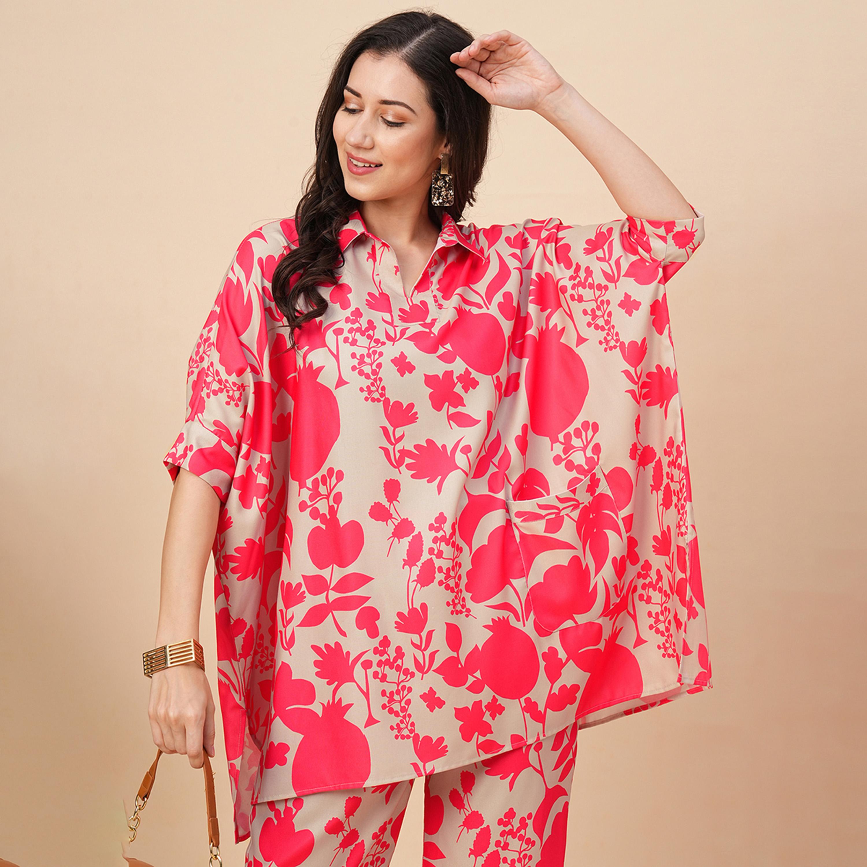 Globus X Styli Globus Women Beige & Pink Allover Floral Print Shirt Style Kaftan Top & Trousers Co-Ord Set-women-clothing-coordsets-image-6