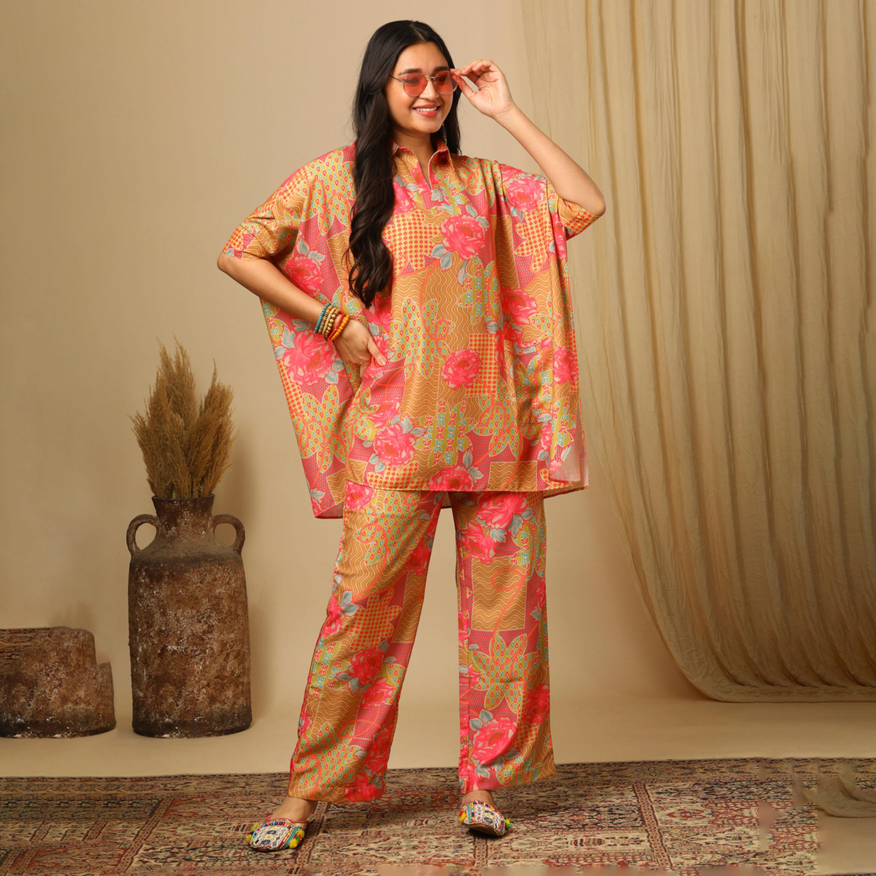 Globus X Styli All-Over Floral Print Spread Collar Kaftan Top And Elasticated Trousers Co-Ords-women-clothing-coordsets-image-1
