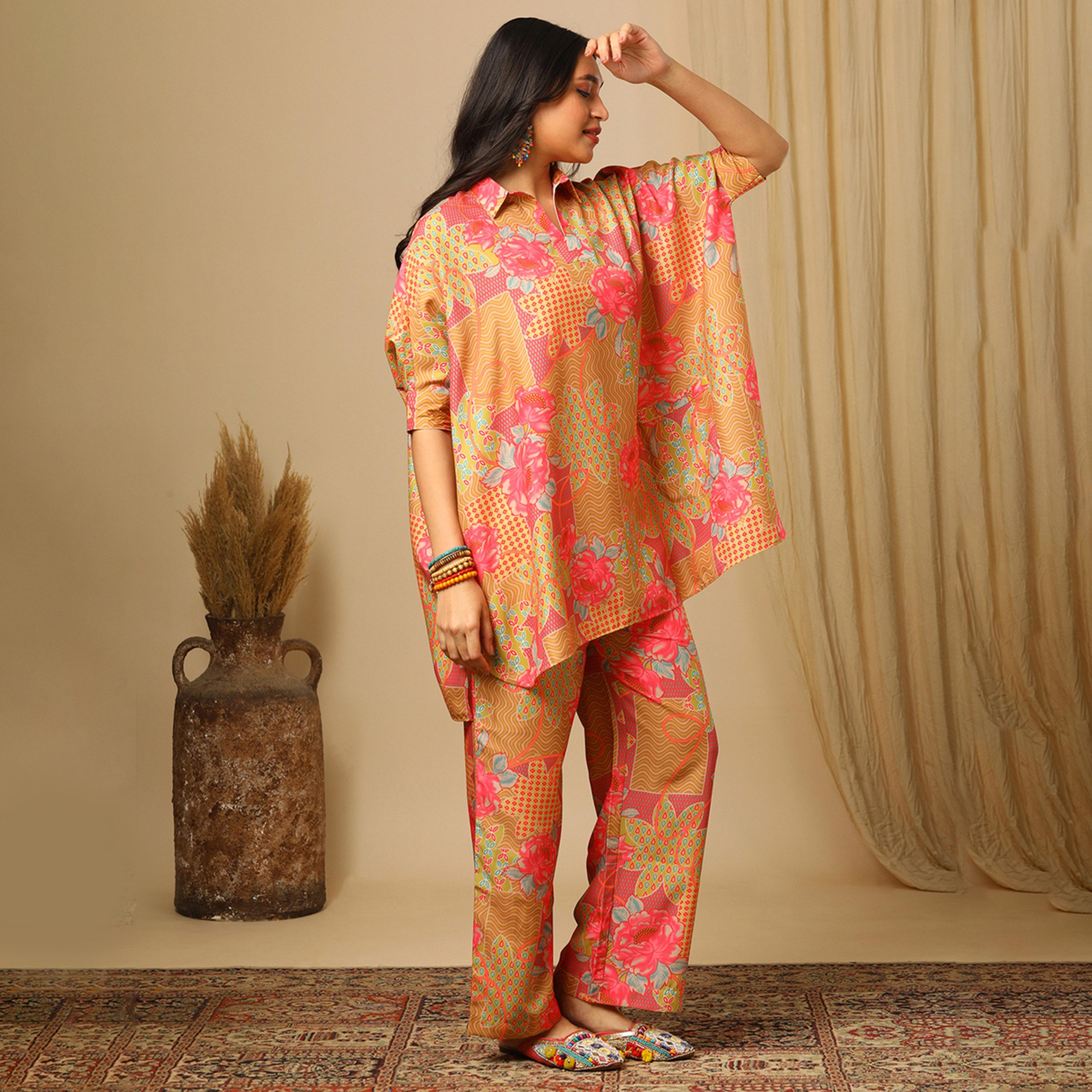Globus X Styli All-Over Floral Print Spread Collar Kaftan Top And Elasticated Trousers Co-Ords-women-clothing-coordsets-image-2
