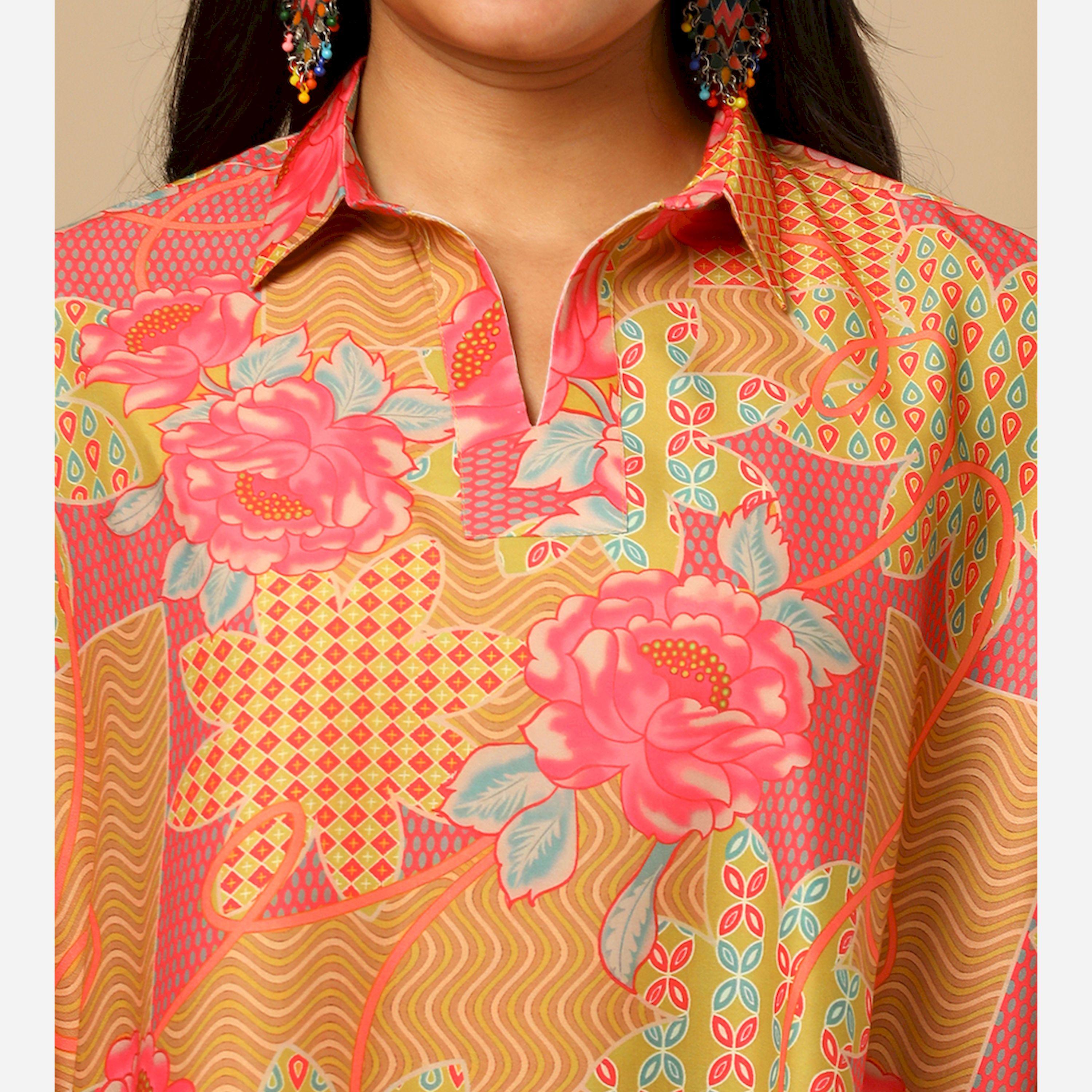 Globus X Styli All-Over Floral Print Spread Collar Kaftan Top And Elasticated Trousers Co-Ords-women-clothing-coordsets-image-4