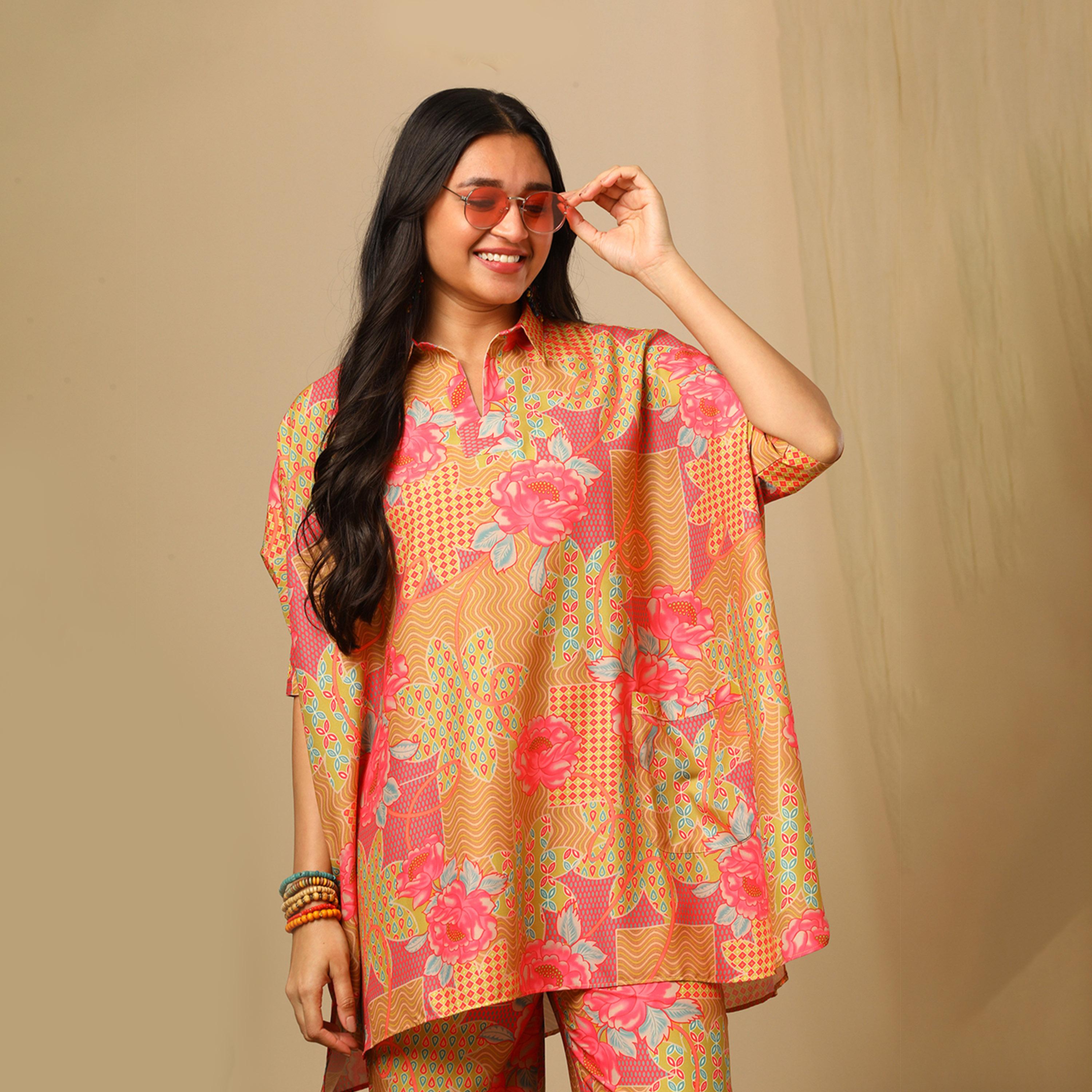 Globus X Styli All-Over Floral Print Spread Collar Kaftan Top And Elasticated Trousers Co-Ords-women-clothing-coordsets-image-6