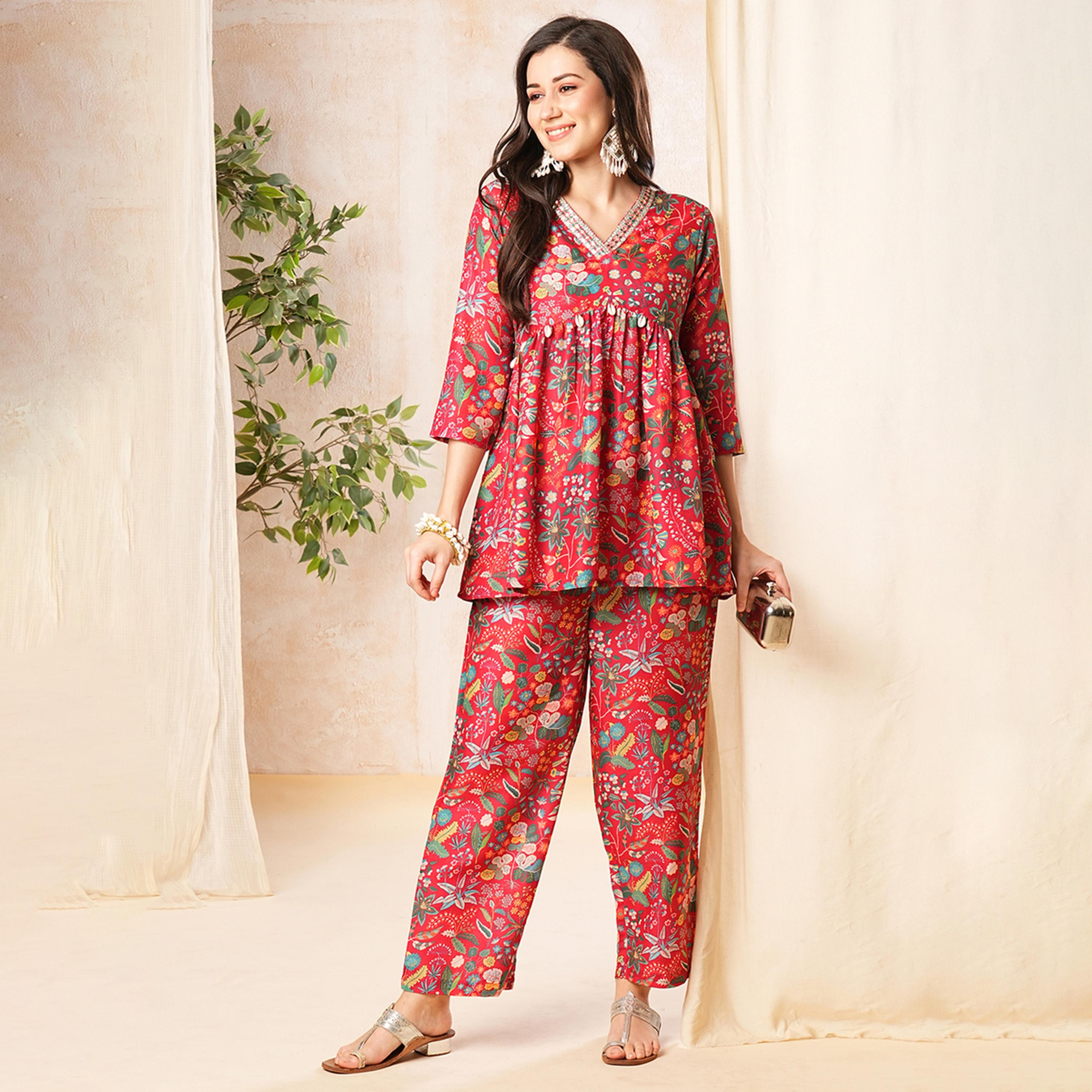 غلوبوس × ستايلي - طقم من بلوزة حمراء مطبوعة بقصّة A وبنطلون مستقيم غلوبوس للنساء-women-clothing-coordsets-image-1