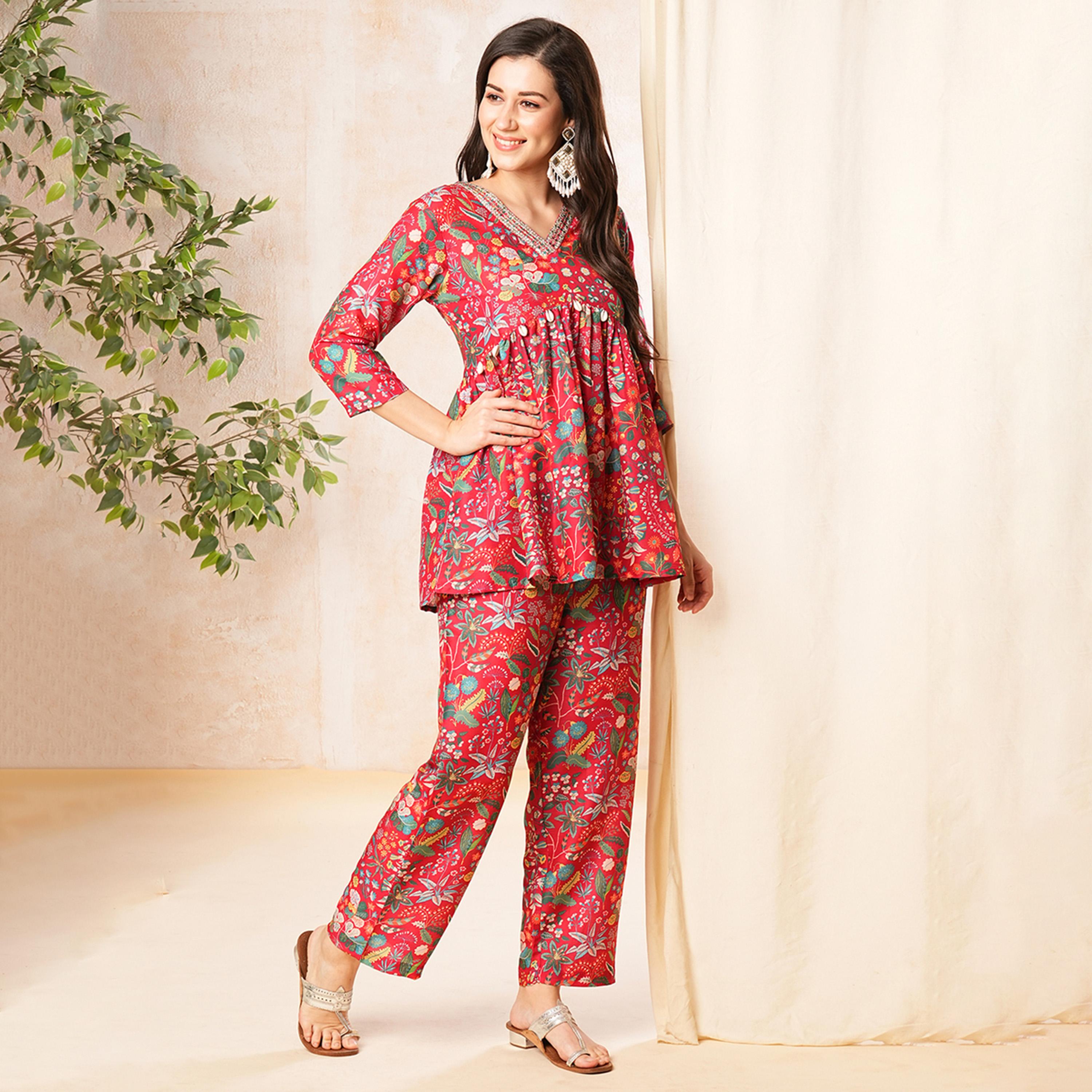 Globus X Styli Globus Women Red Printed Alia-Cut A-Line Peplum Tunic & Straight Pant Co-Ord Set-women-clothing-coordsets-image-2