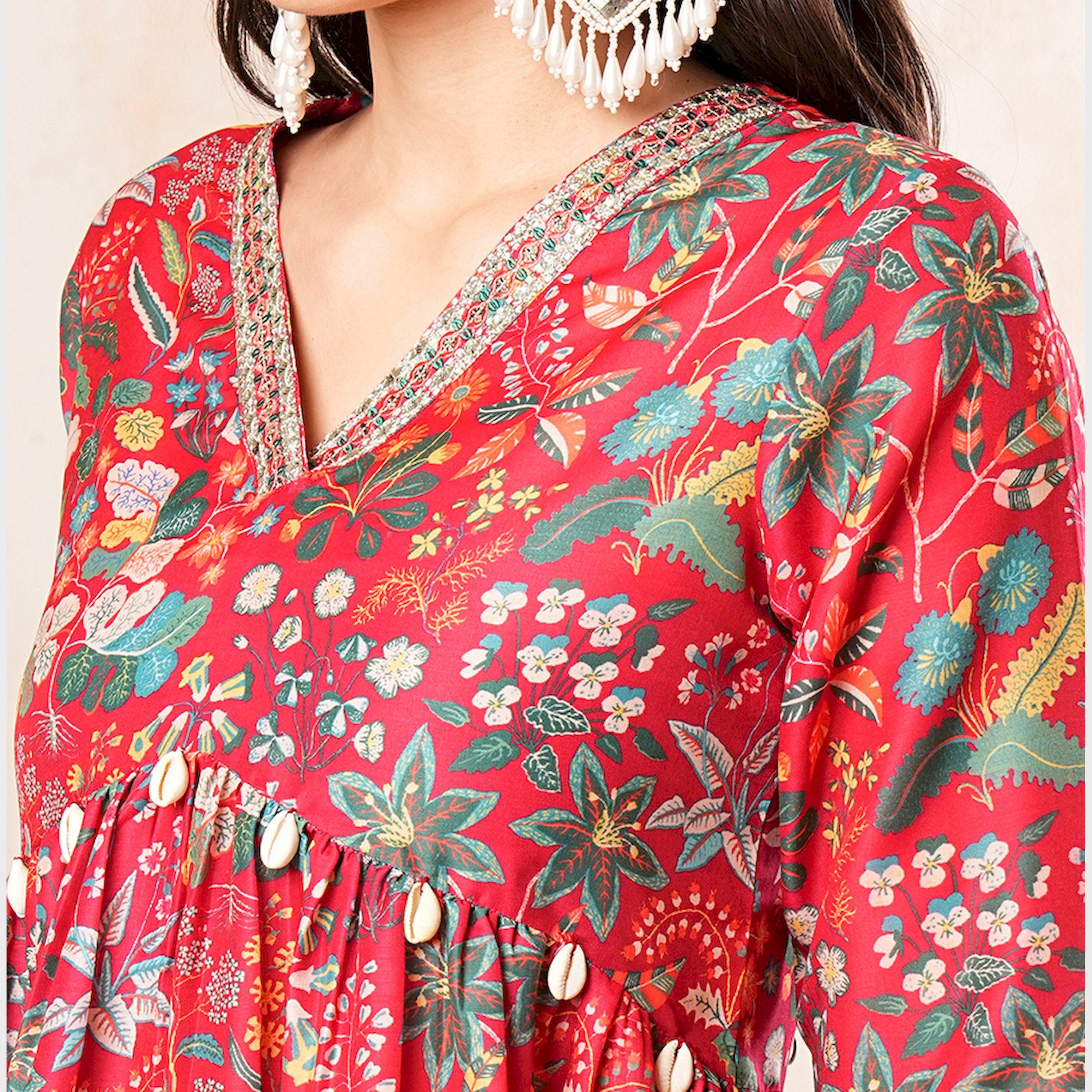 غلوبوس × ستايلي - طقم من بلوزة حمراء مطبوعة بقصّة A وبنطلون مستقيم غلوبوس للنساء-women-clothing-coordsets-image-4