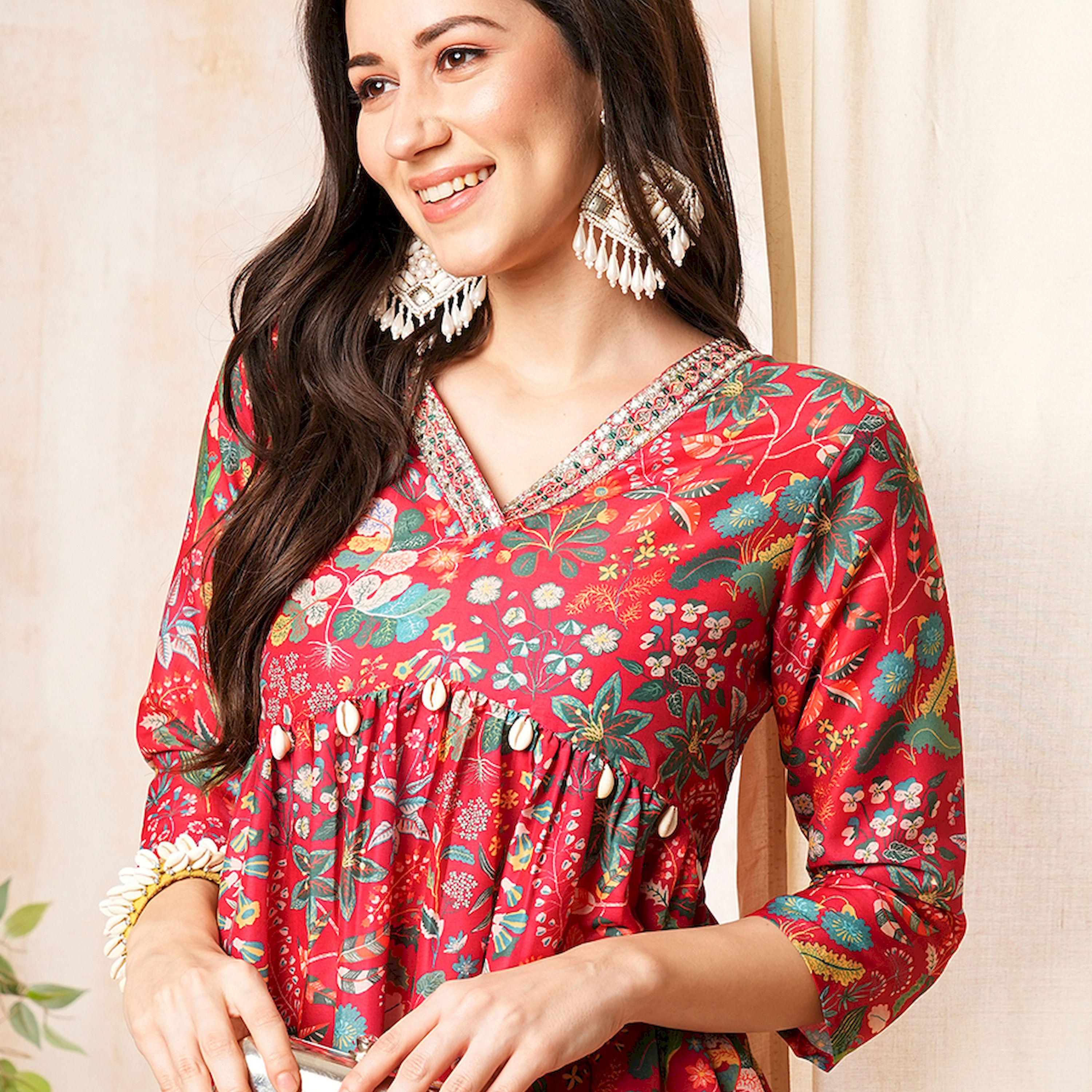 Globus X Styli Globus Women Red Printed Alia-Cut A-Line Peplum Tunic & Straight Pant Co-Ord Set-women-clothing-coordsets-image-6