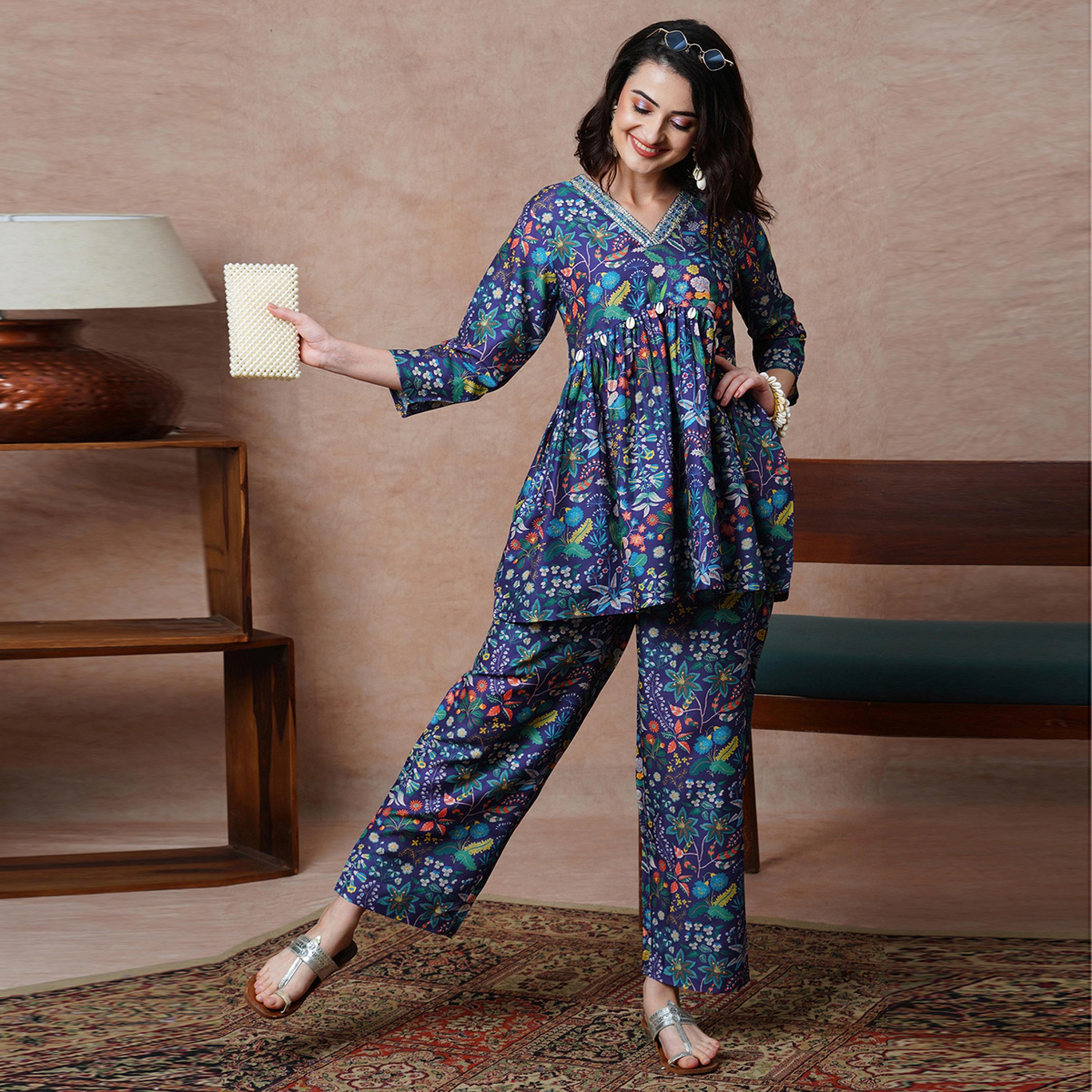 غلوبوس × ستايلي - طقم تونيك مع بنطلون مستقيم غلوبوس للنساء - بنفسجي مطبوع-women-clothing-coordsets-image-1