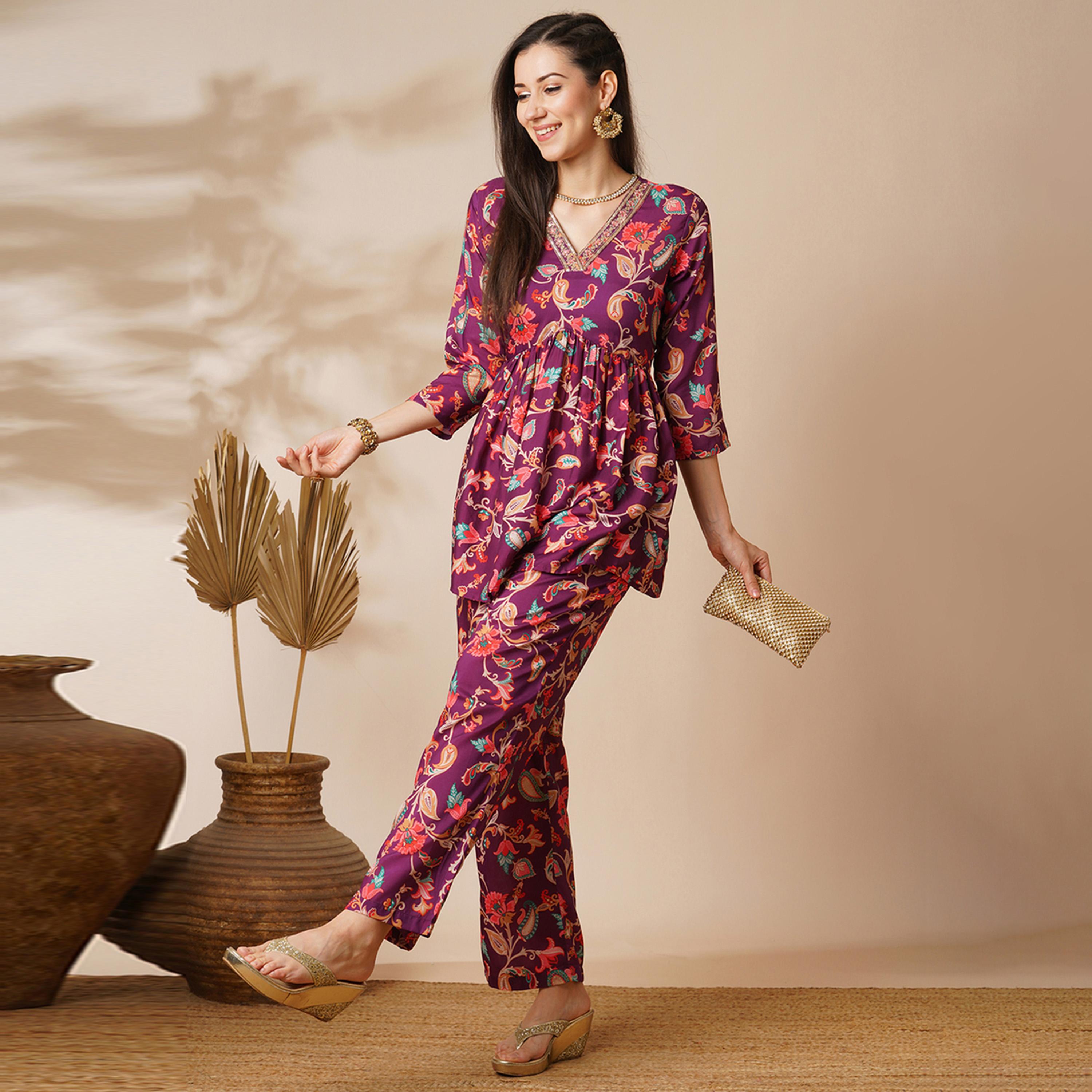 Globus X Styli Globus Women Burgundy Floral Embroidered Jaal Print V-Neck With Tassel Detailing A-Line Peplum Tunic And Mid Rise Partially Elasticated Ankle Length Pants Fusion Co-Ord Set-women-clothing-coordsets-image-1