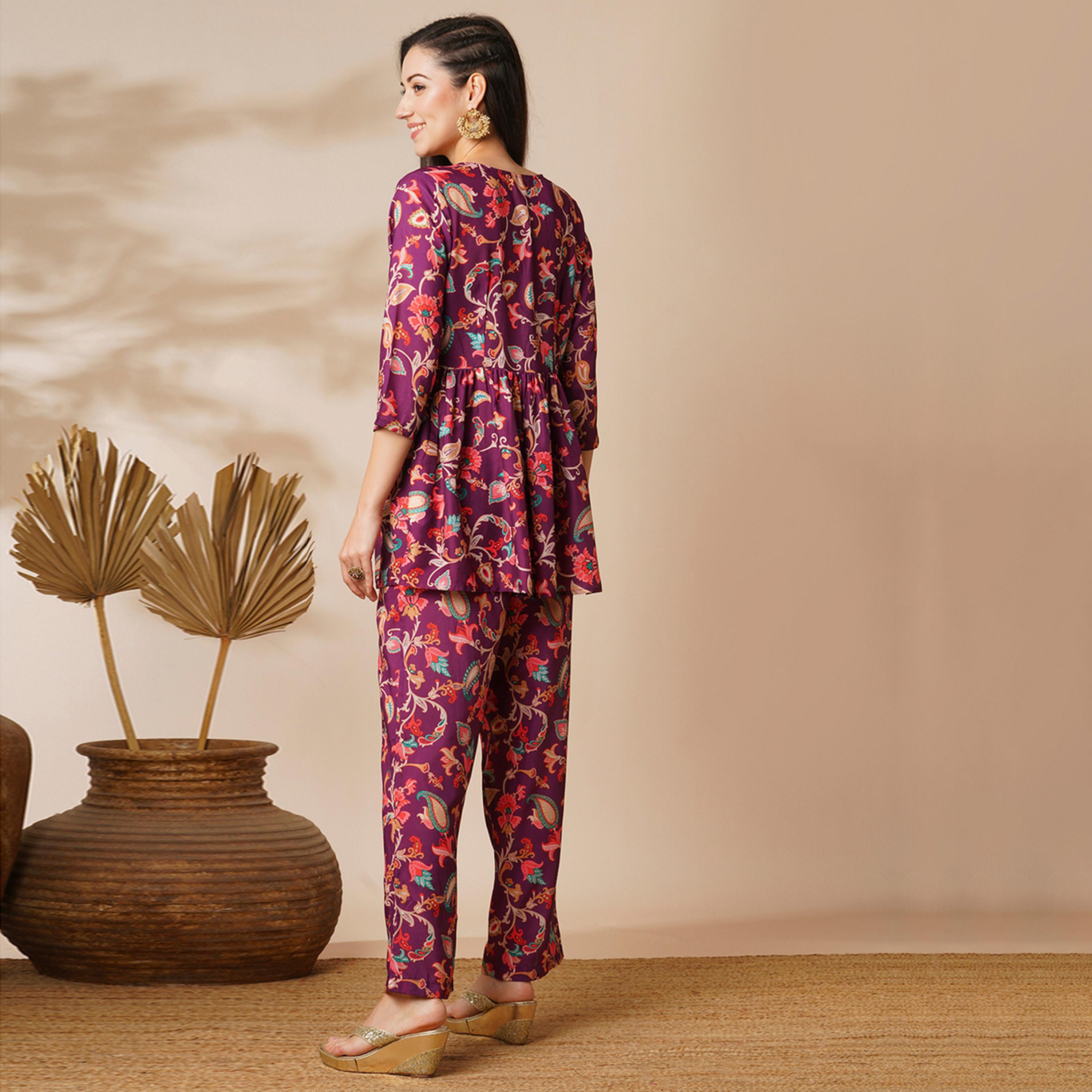 Globus X Styli Globus Women Burgundy Floral Embroidered Jaal Print V-Neck With Tassel Detailing A-Line Peplum Tunic And Mid Rise Partially Elasticated Ankle Length Pants Fusion Co-Ord Set-women-clothing-coordsets-image-3