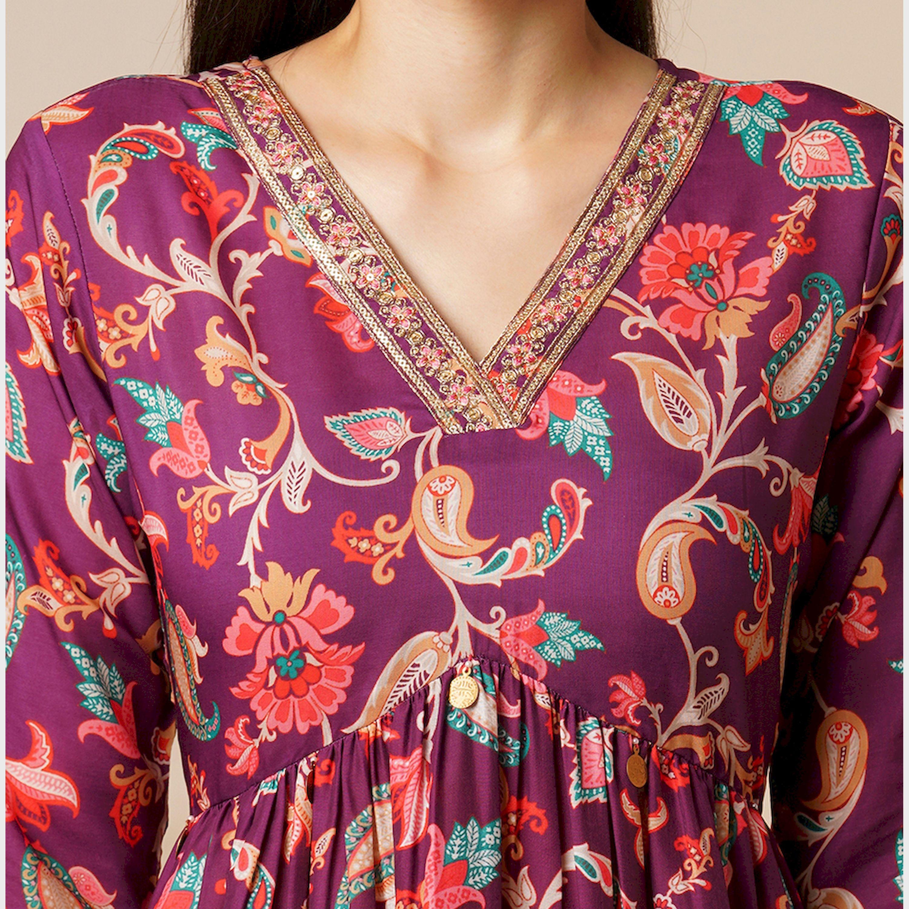Globus X Styli Globus Women Burgundy Floral Embroidered Jaal Print V-Neck With Tassel Detailing A-Line Peplum Tunic And Mid Rise Partially Elasticated Ankle Length Pants Fusion Co-Ord Set-women-clothing-coordsets-image-4