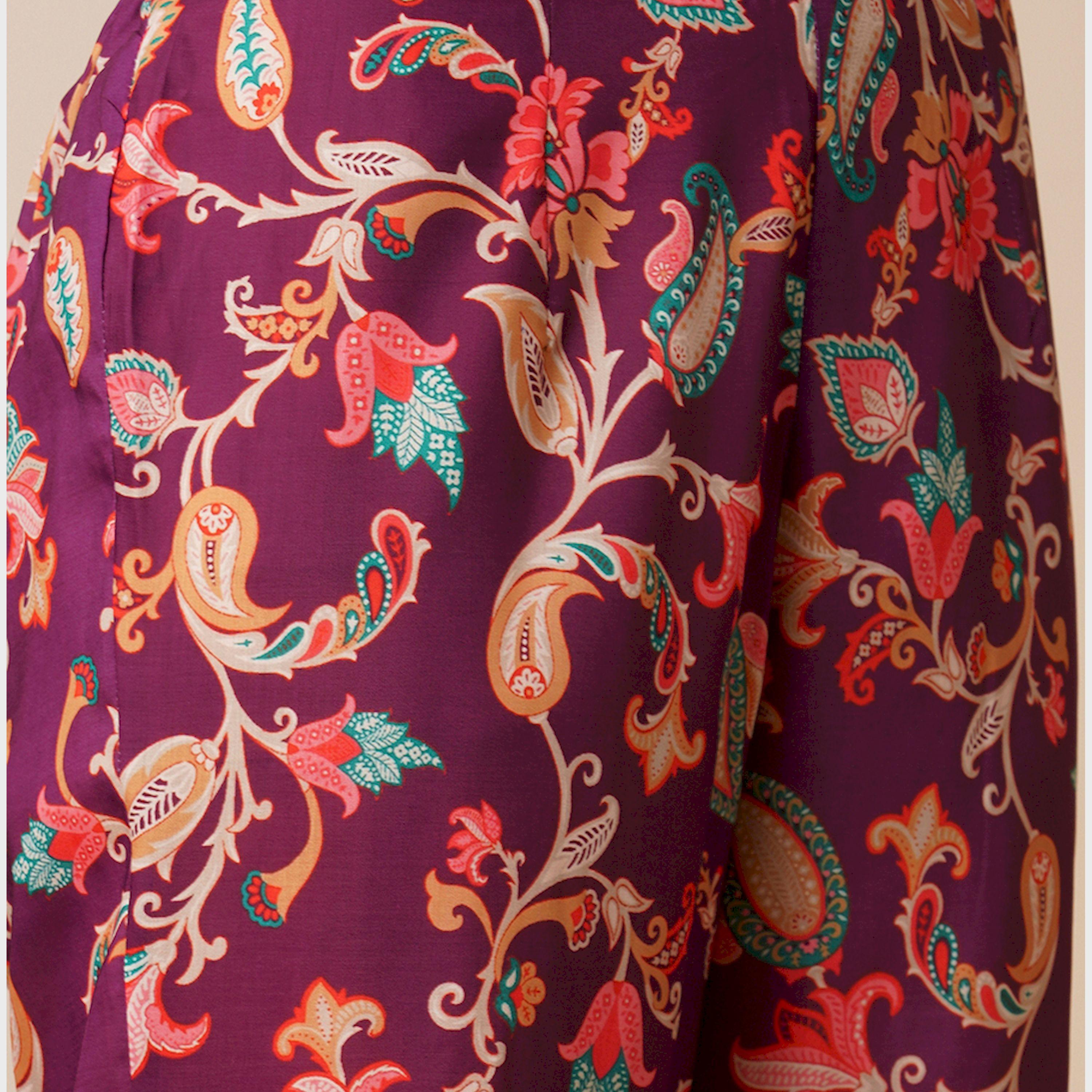 Globus X Styli Globus Women Burgundy Floral Embroidered Jaal Print V-Neck With Tassel Detailing A-Line Peplum Tunic And Mid Rise Partially Elasticated Ankle Length Pants Fusion Co-Ord Set-women-clothing-coordsets-image-5