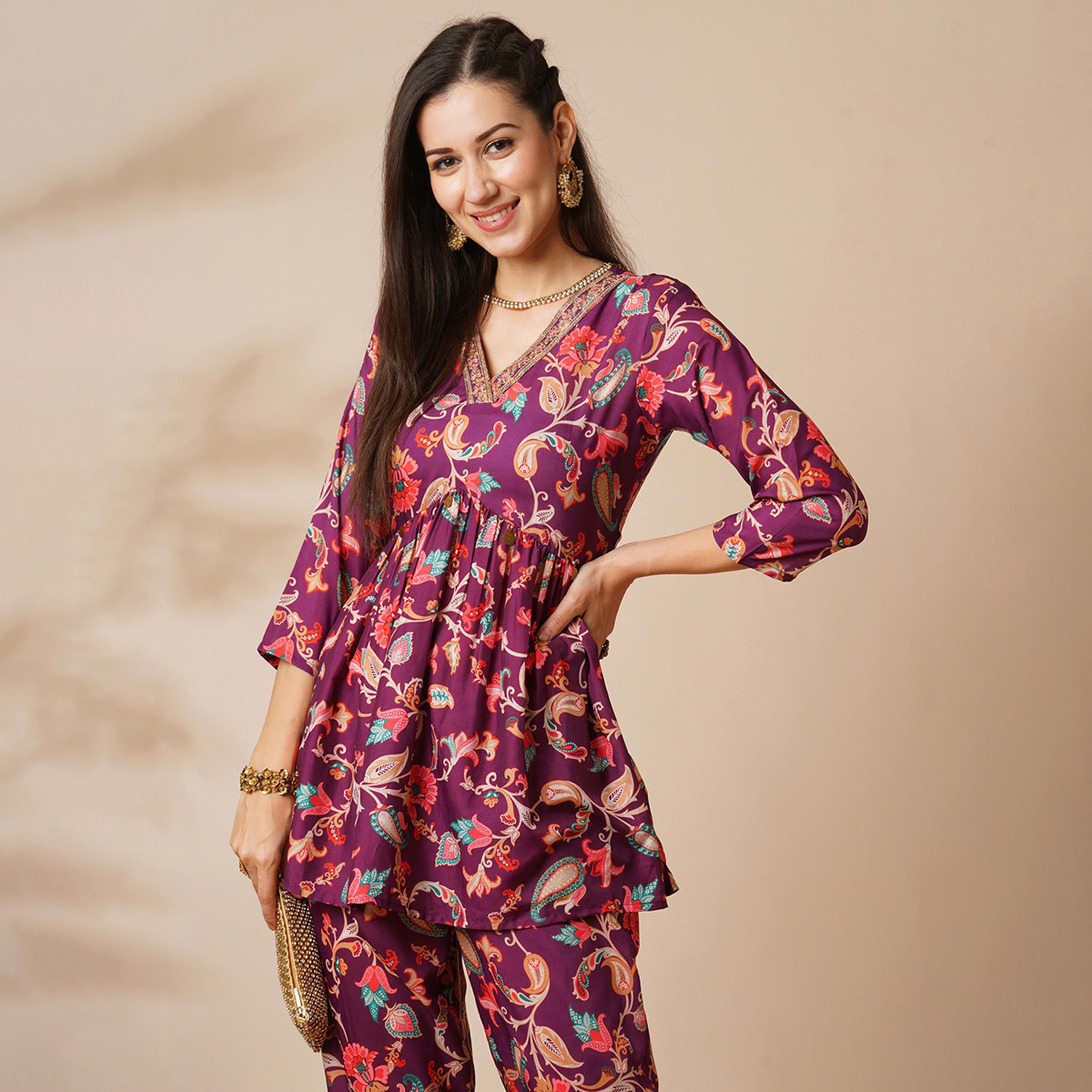 Globus X Styli Globus Women Burgundy Floral Embroidered Jaal Print V-Neck With Tassel Detailing A-Line Peplum Tunic And Mid Rise Partially Elasticated Ankle Length Pants Fusion Co-Ord Set-women-clothing-coordsets-image-6